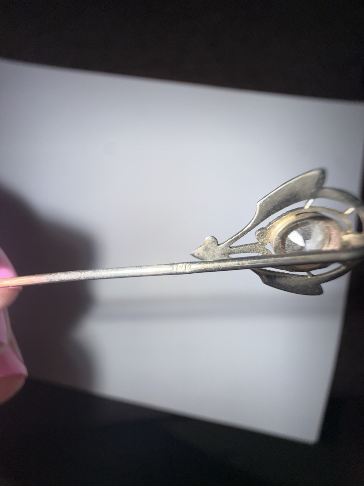 Antique Edwardian 10K Solid White Gold Colorless Topaz Stickpin