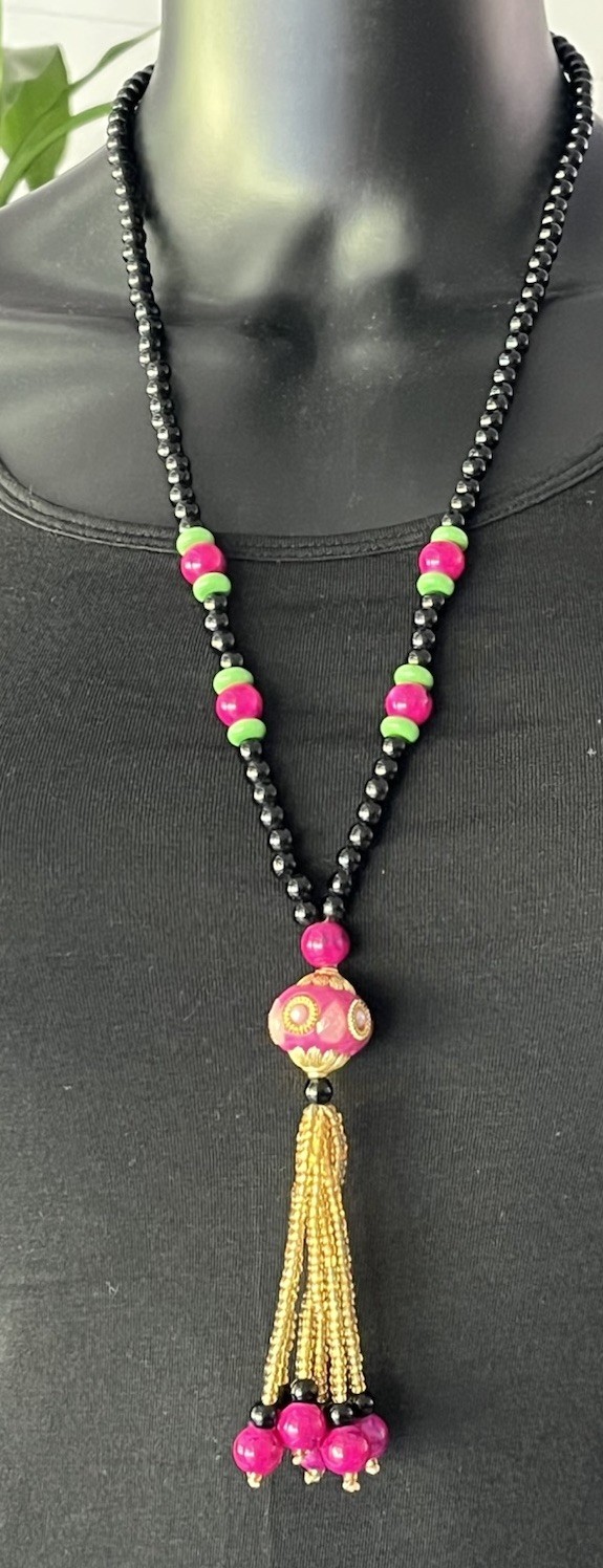 Vintage Long Handmade Glass Beaded Statement Necklace
