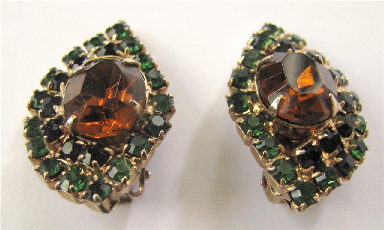Juliana Delizza Elster D & E Rhinestone Crystal Earrings Topaz Green Black Oval