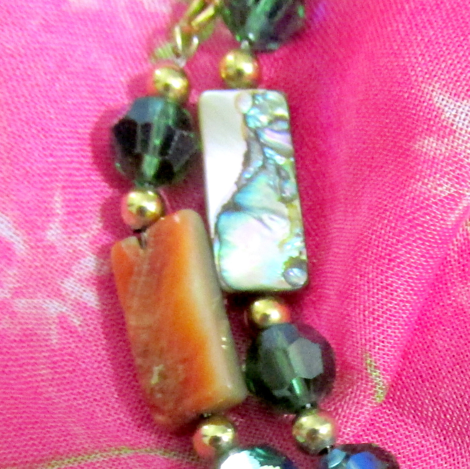 VTG RUNWAY NAPIER 60″ CHAIN ABALONE MOP GREEN CRYSTAL BEAD NECKLACE BOOK PIECE
