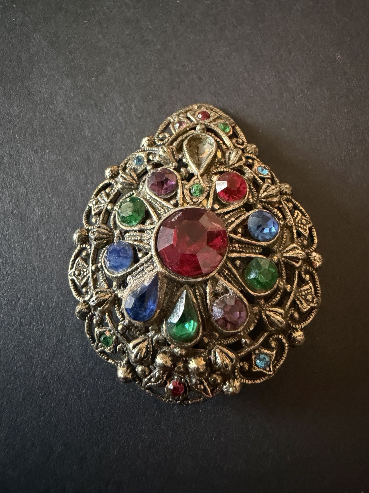 Vintage New England Glass Works Czech Filigree MultiColored Gemstones Pin Brooch