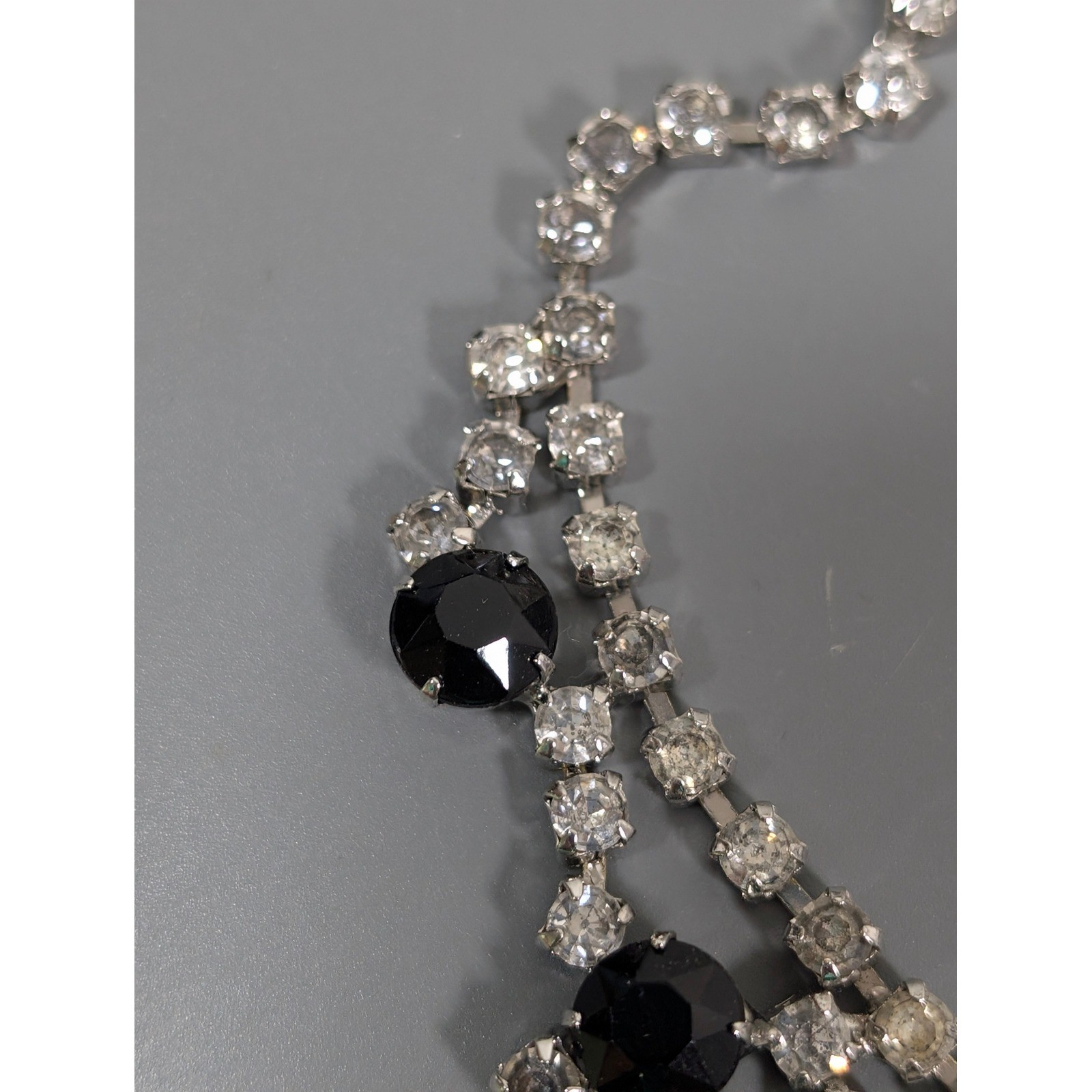 Vintage Black Clear Rhinestone Choker Necklace Silver Tone Bib Statement 15″