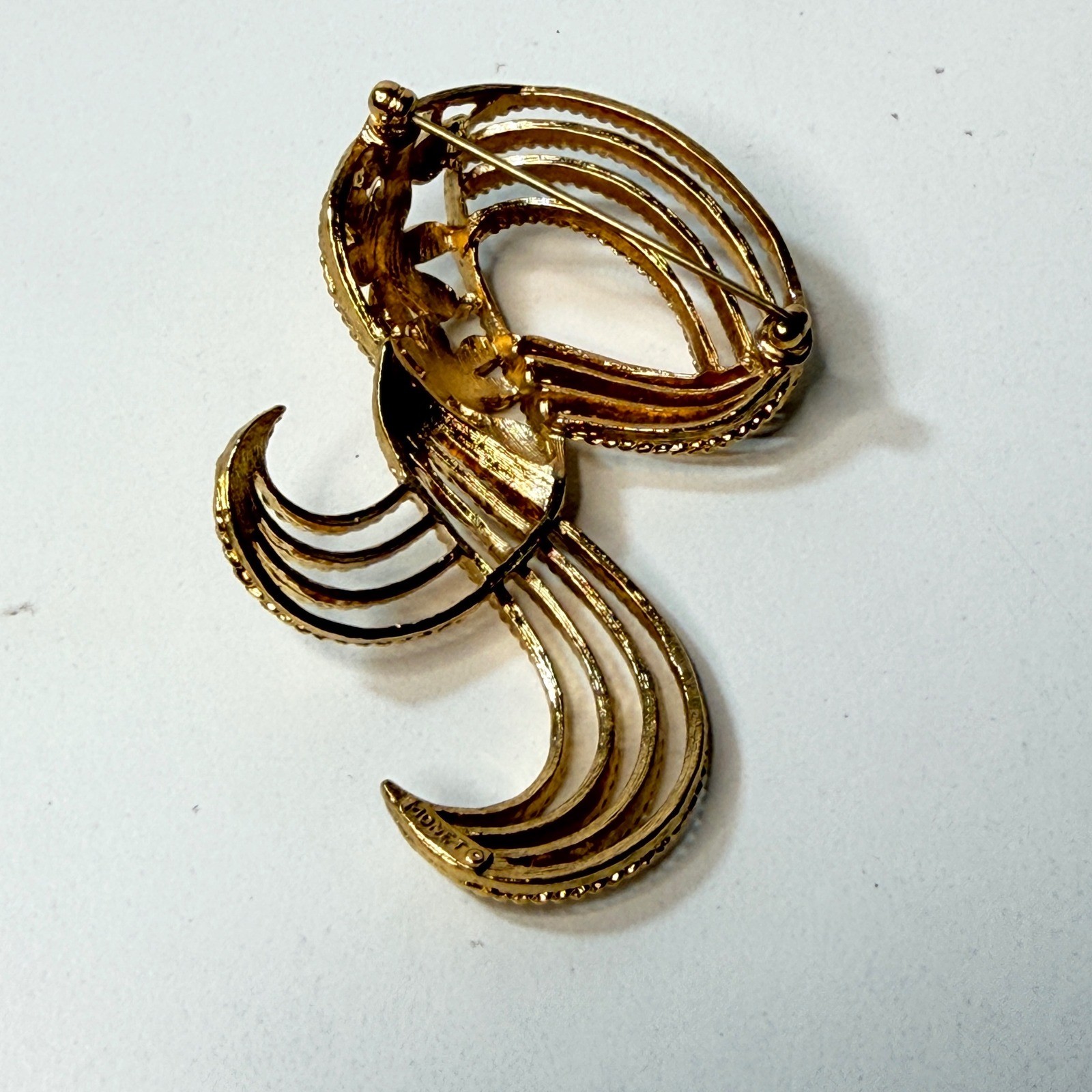 Monet Gold Tone Swirl Ribbon Flower Brooch Vintage Textured Floral Pin