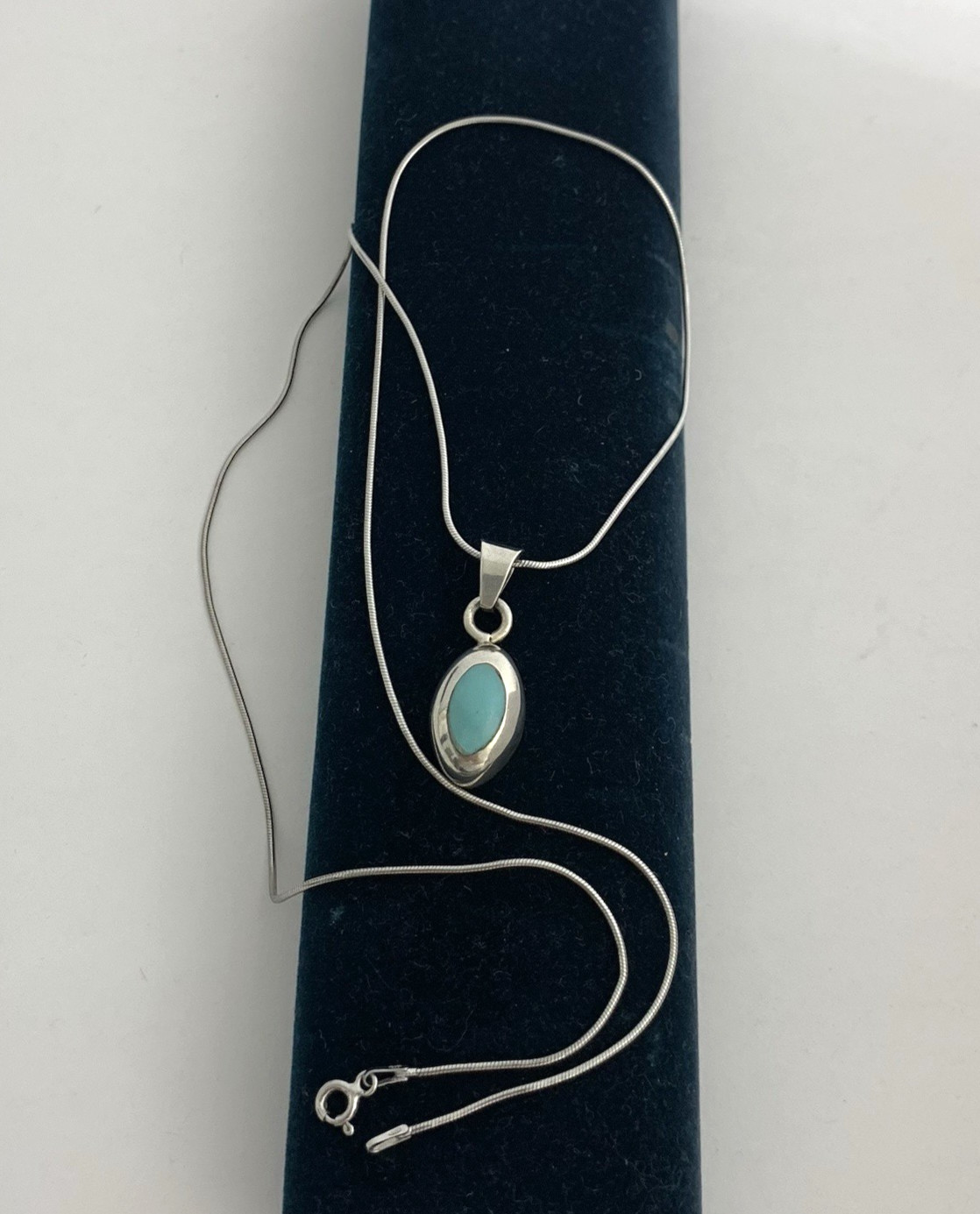 Vintage Mexico 925 Sterling Silver Necklace Blue Turquoise Inlay Pendant