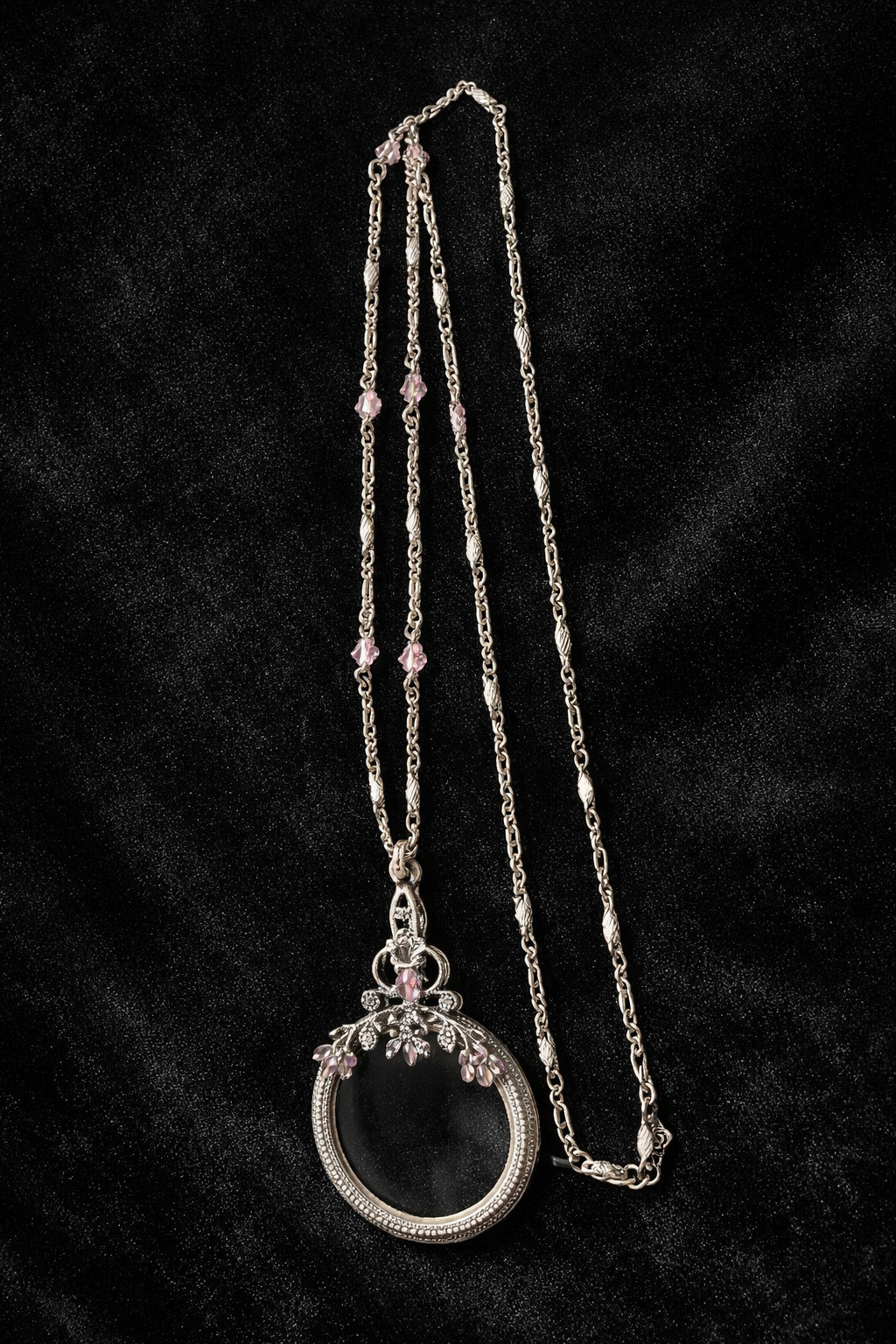 Vtg Pastel Pink Blue Rhinestone Magnifying Glass Jewelry Loupe Pendant Necklace