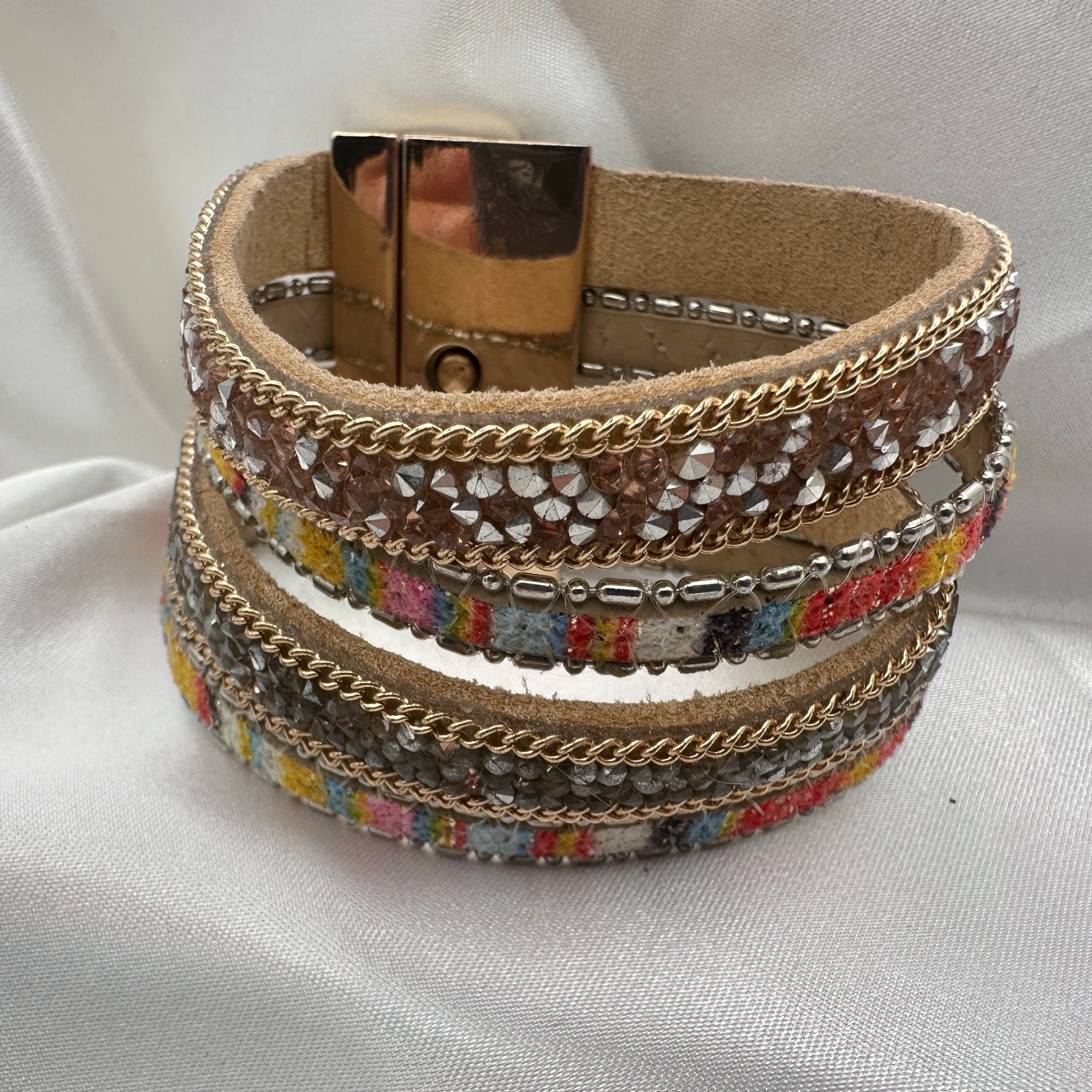 Vintage 90s Multi-Strand Wrap Bracelet Glass Fabric Statement Fashion Jewelry