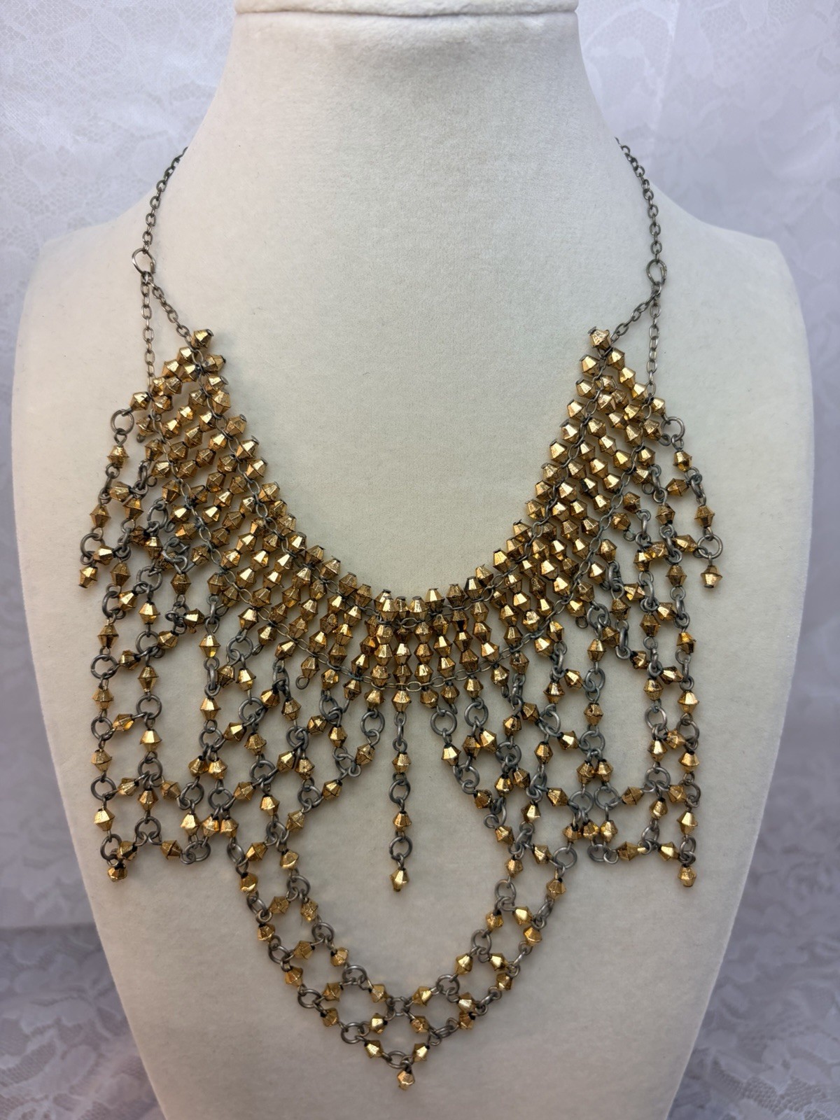 Vintage Gold Tone Beaded Bib Fringe Statement Necklace Boho Glam
