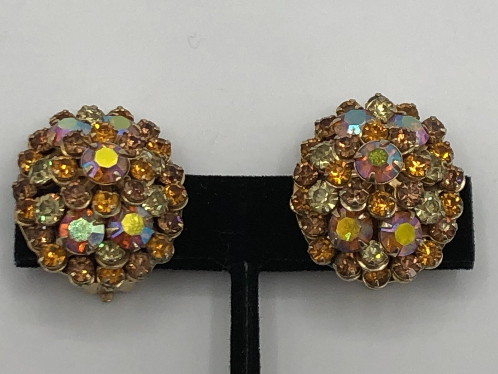Vintage Clip Earrings Signed Pat Pend Dome Cluster Prong Set Topaz AB Rhinestone