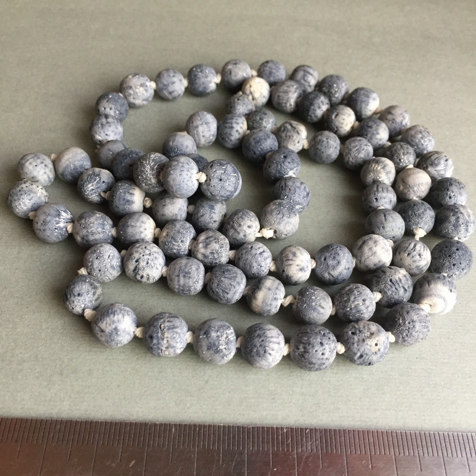 Vintage Blue Sponge Coral round Beads 1cm Necklace 33″ hand knotted