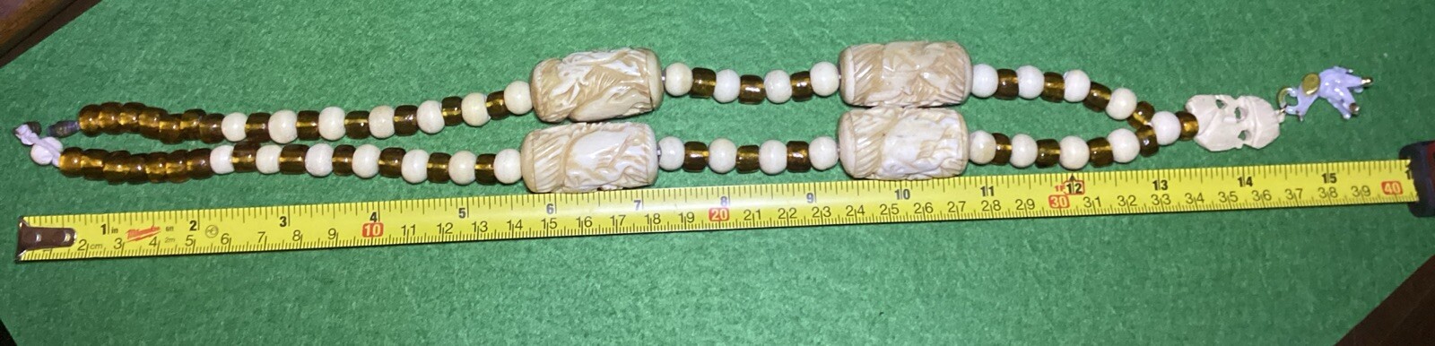 Vintage Elephant Theme Carved Bovine Bone & Amber Glass Beads 27” Necklace