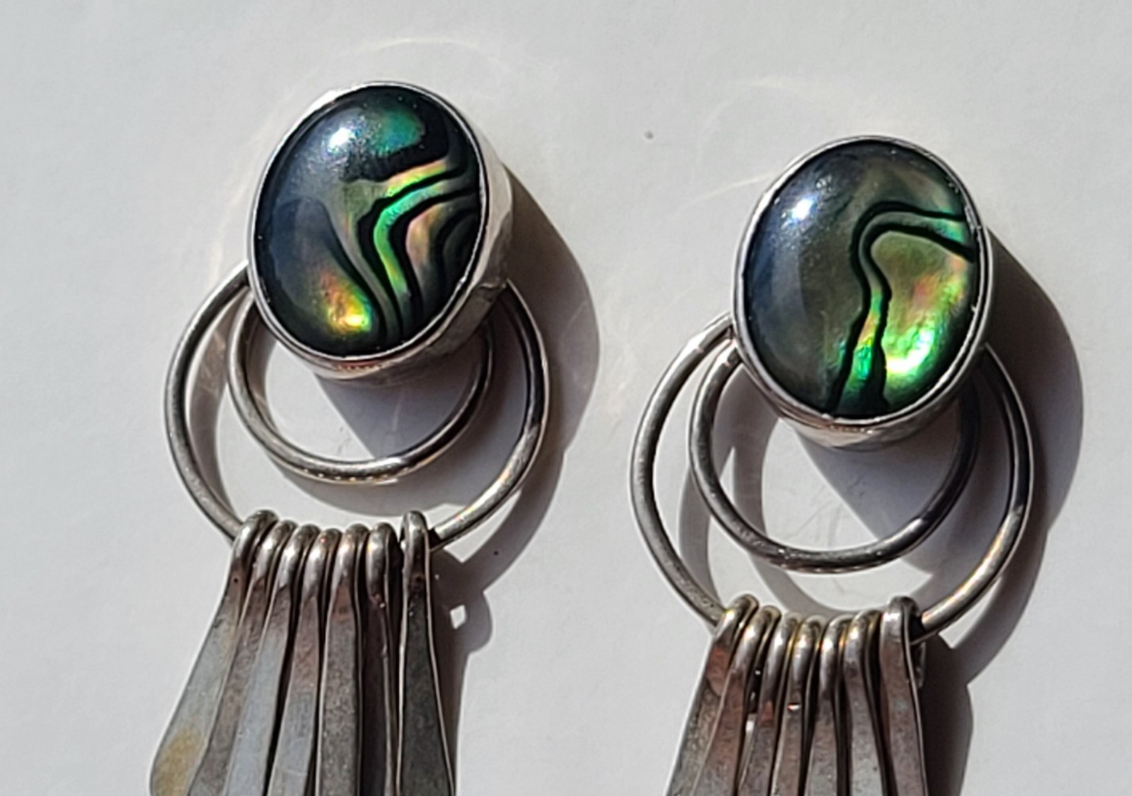 Vintage Sterling Silver Paua Shell Fan Dangle Stud Earrings Southwestern Style