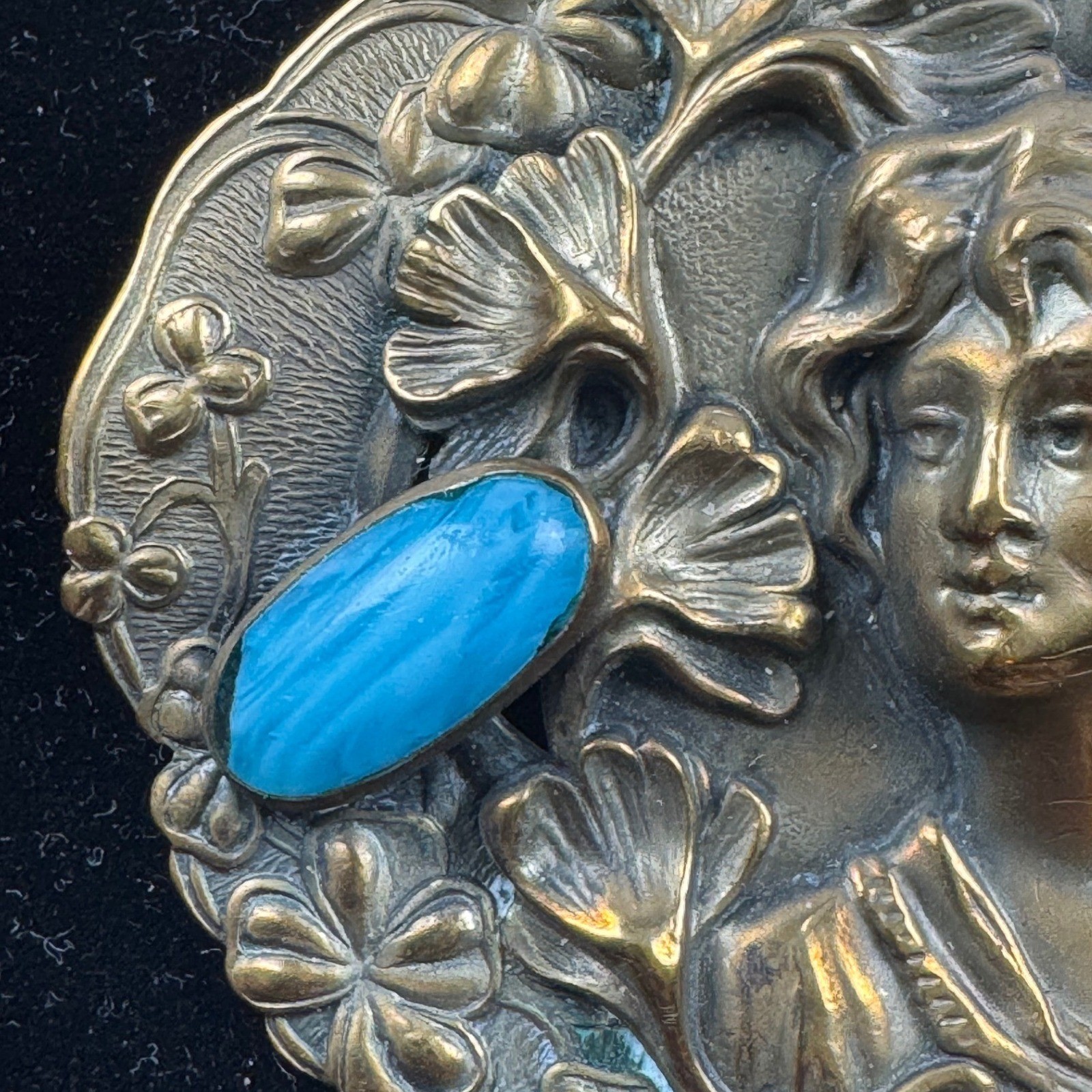 VTG Art Nouveau Revival Repousse Maiden Sash Pin Brooch Ginkgo Faux Turquoise