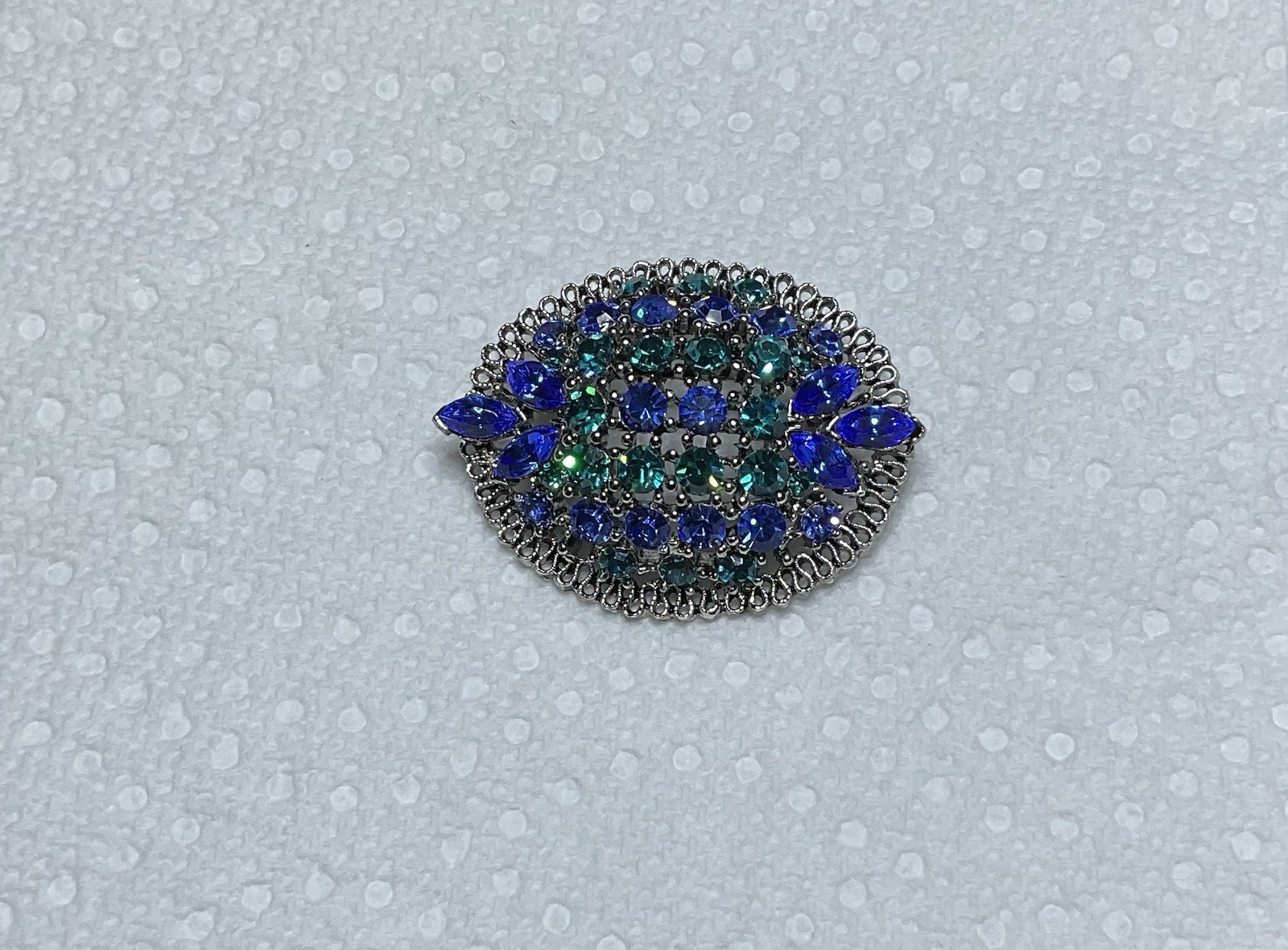 Vintage Silver Tone Brooch With Blue And Green Rhinestones