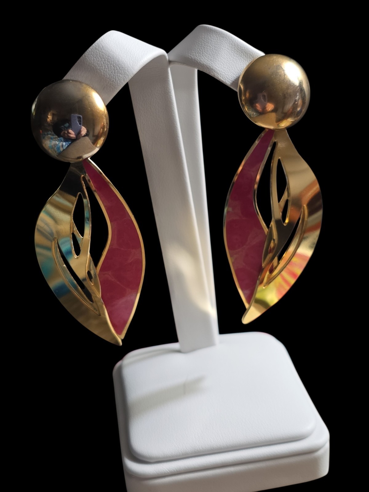 Vintage Edward Berebi Goldtone & Pink Long Pierced Earrings