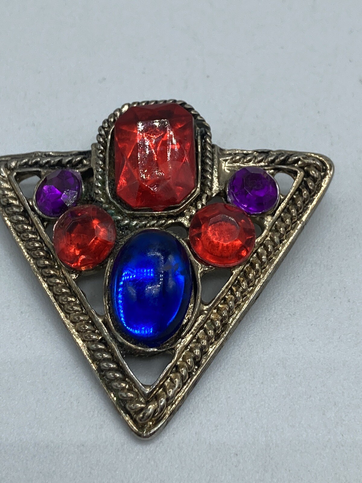 Vintage Colorful Cabochon Triangle Shaped Brooch Antiqued Gold Tone Finish Nice!