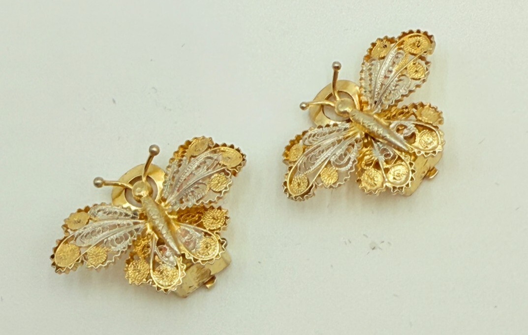 Antique 800 Silver Gold Wash Butterfly Filigree Link Bracelet & Clip On Earrings