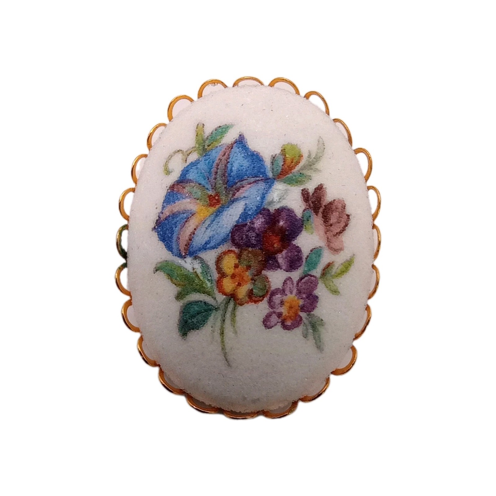 Vintage Floral Sugared Blue Morning Glory Brooch Gold Tone Scallop Pin 1 3/4 in