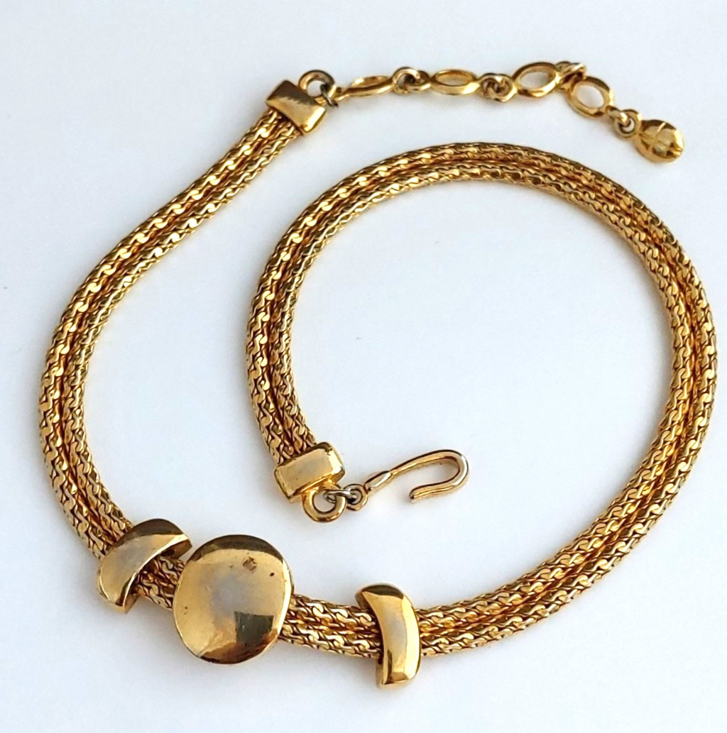 Vintage Gold Tone Faux Pearl Pendant Necklace Mesh Chain Slider 16”