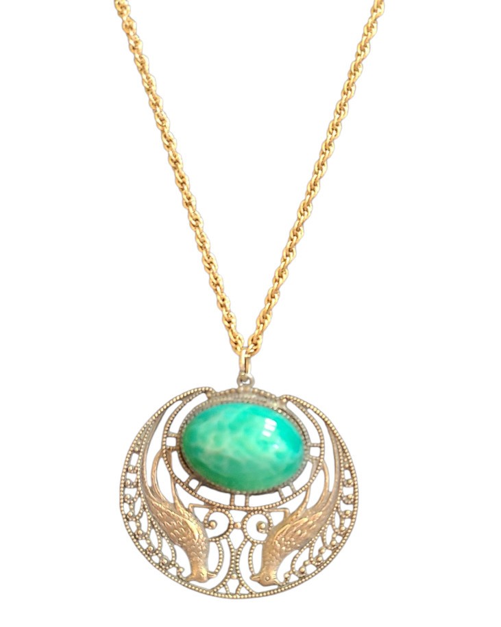 Vintage Art Deco Czech Peking Glass Green Stone Pendant Peacocks Brass Gold Wash