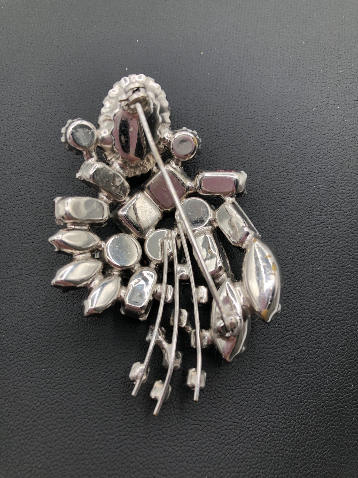 VTG Pink & Red Rhinestones Brooch Pin Iridescent Cabochon MCM 1950s Estate