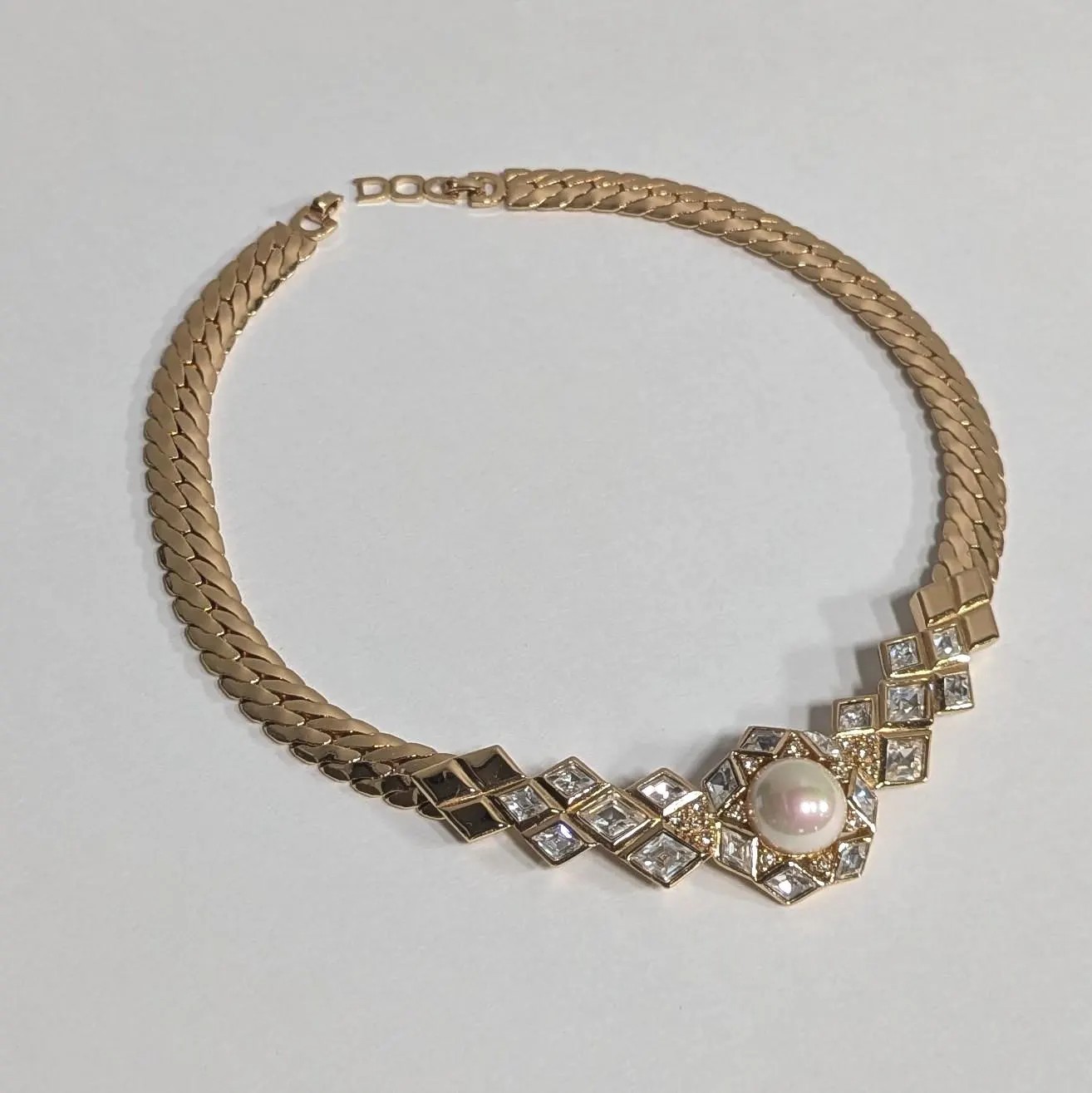 Vintage Christian Dior Pearl Crystal Collar Necklace Signed C Dior 1980s Choker
