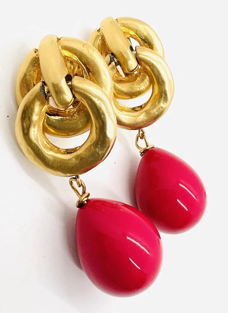 Large LES BERNARD Bright Pink Beaded Drop Dangle Earrings Signed Vintage Jewelry