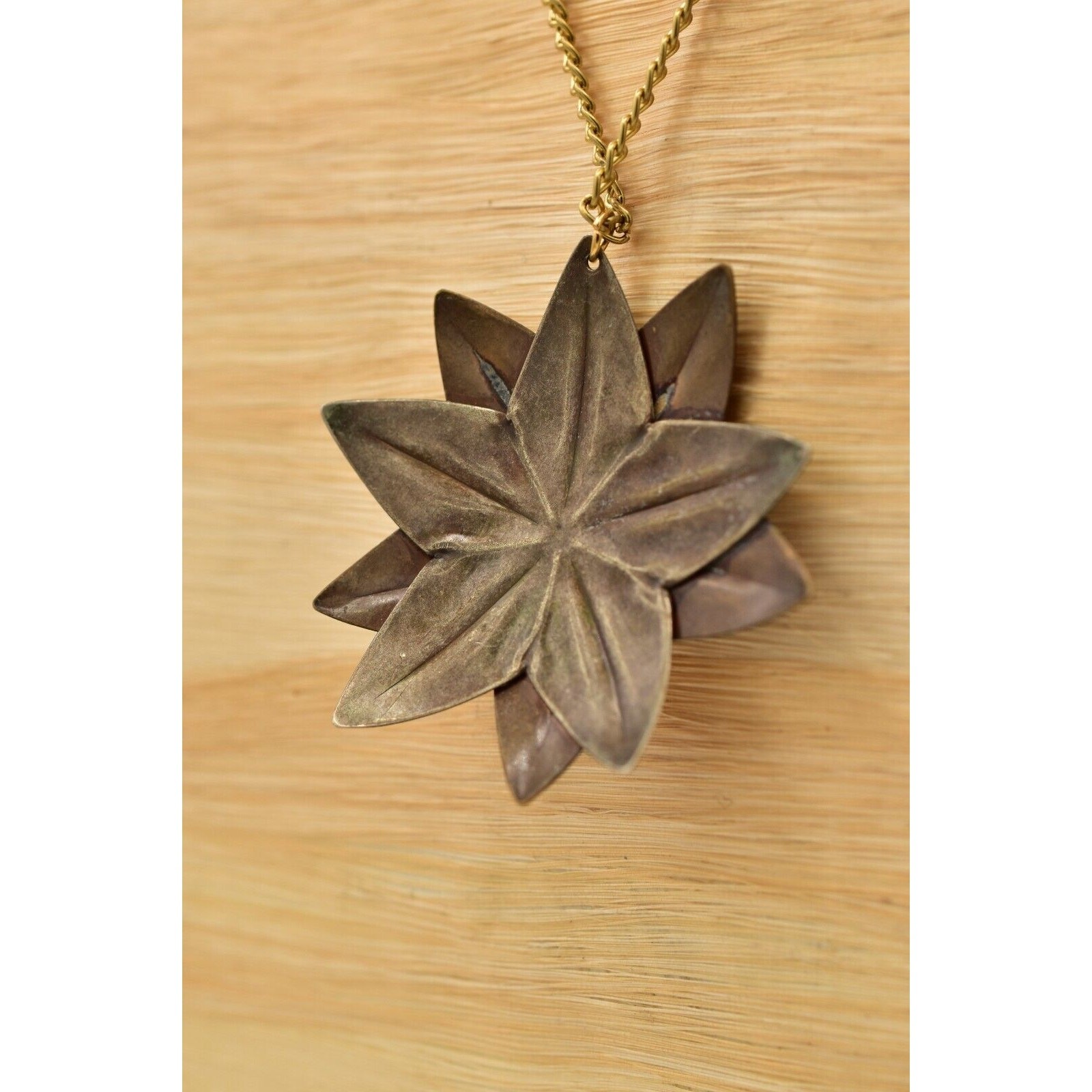 Vintage Sun Flower Pendant Necklace Copper Gold Silver Mixed Metal 1970s BinBH