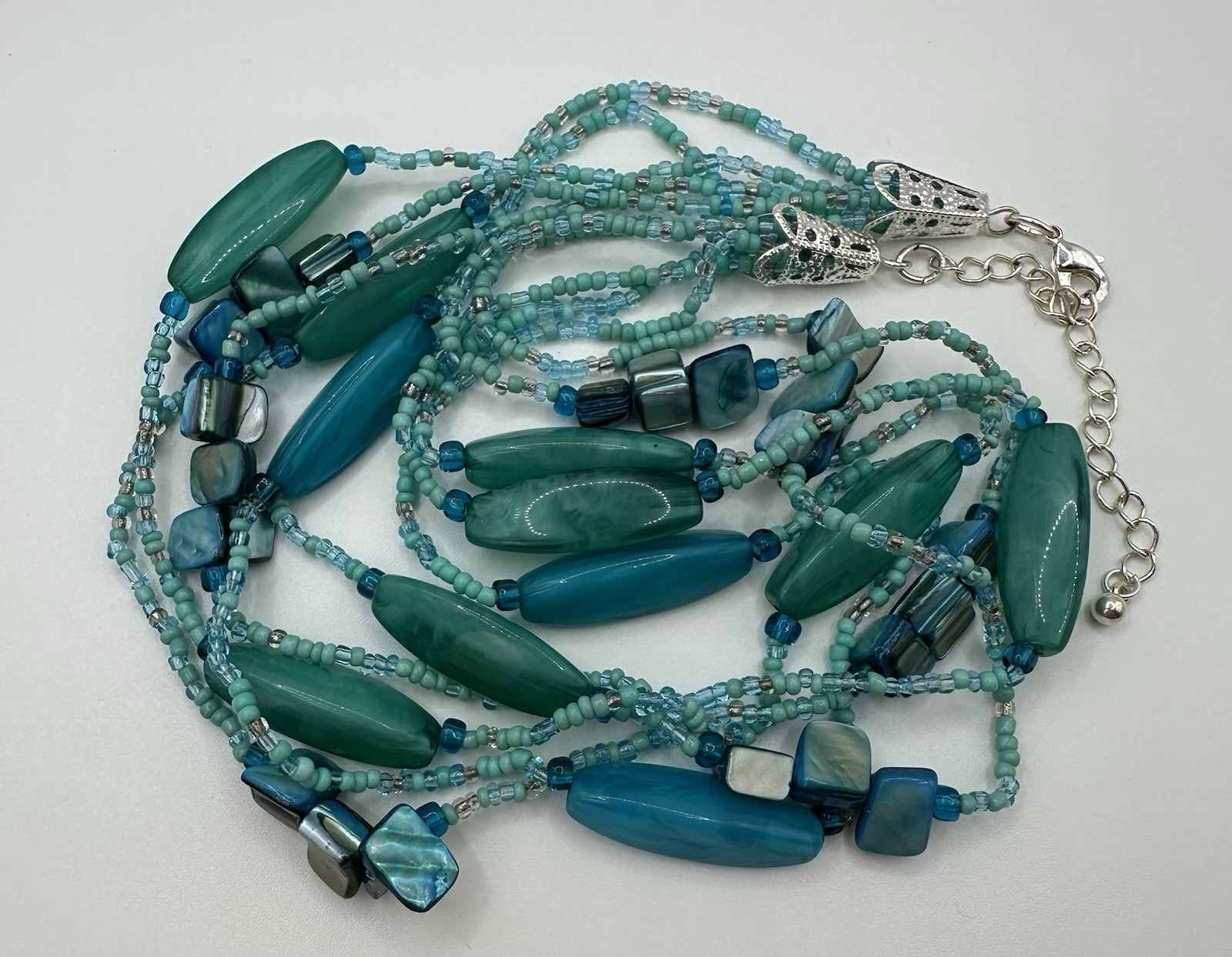 Multi Strand Necklace with Aqua Blue Dyed Abalone Shell & Acrylic Beads 18″-20″