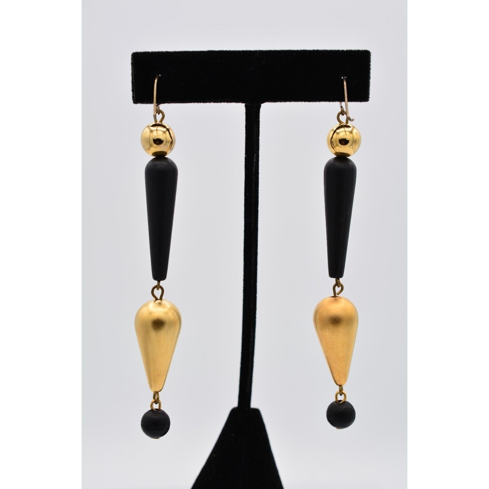 Vintage Dangle Earrings Black Beaded Brushed Gold Matte Drop Chunky 1990s BinAV