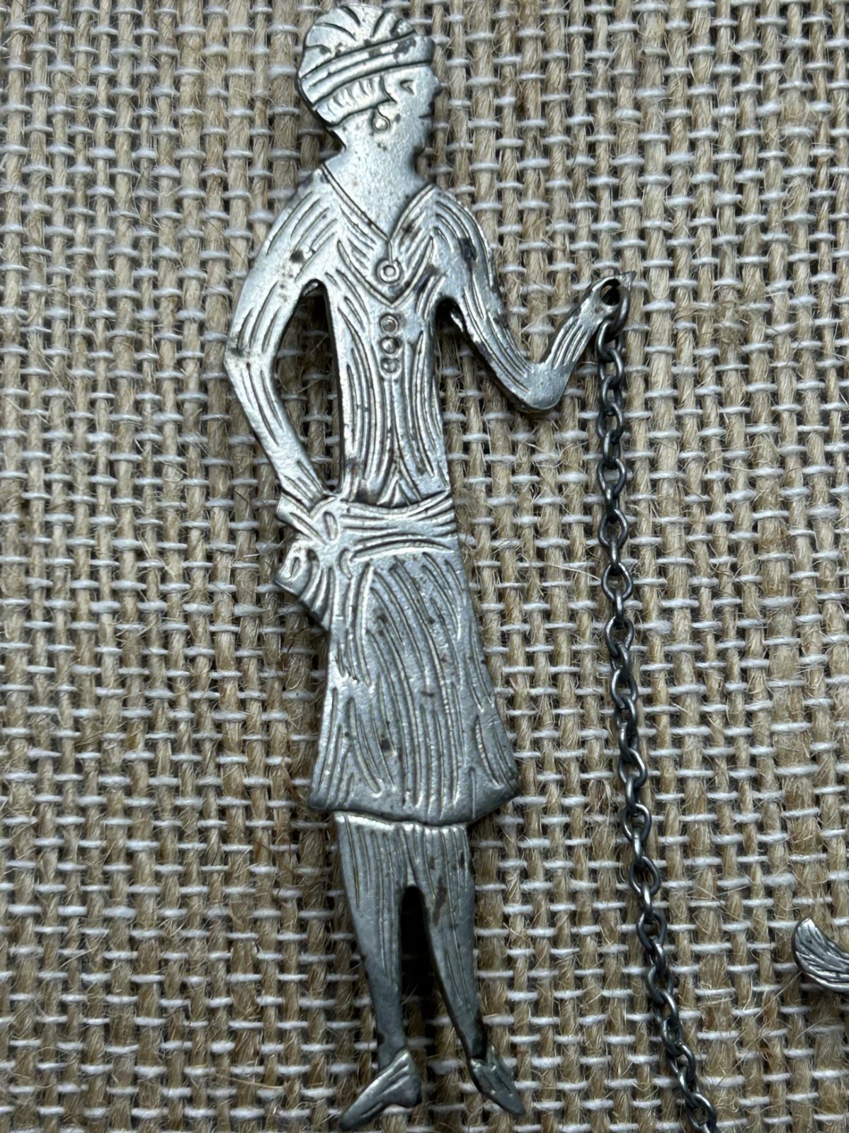 Antique Art Deco Lady Walking Dog Brooch Pin Silver Tone Flapper 1920s