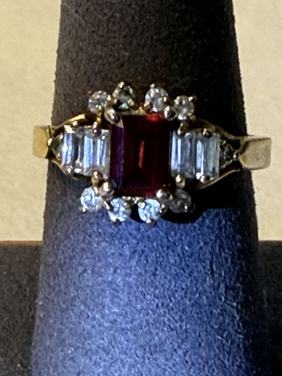 Vintage Ruby Red Stone & CZ Accent Ring Size 8.75-9 Gold Tone