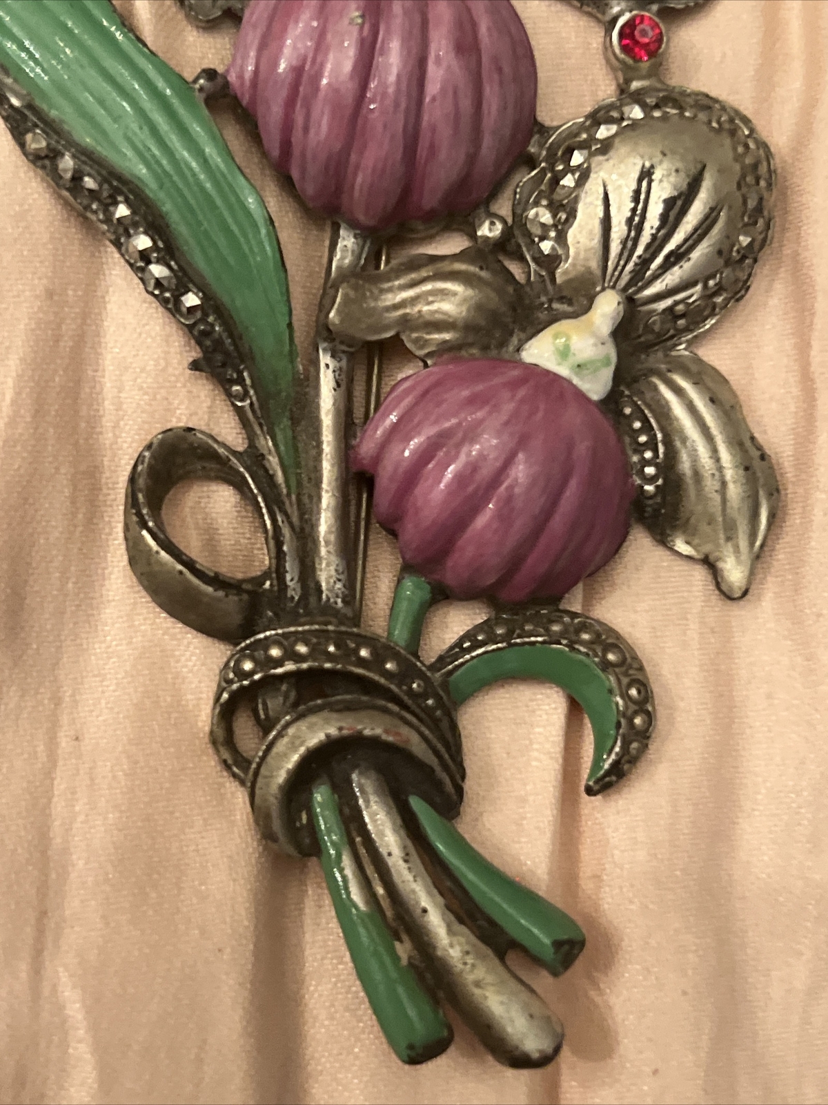antique pin Flower Enamel Paint Rhinestone Marcasite Metal 4.25” brooch large