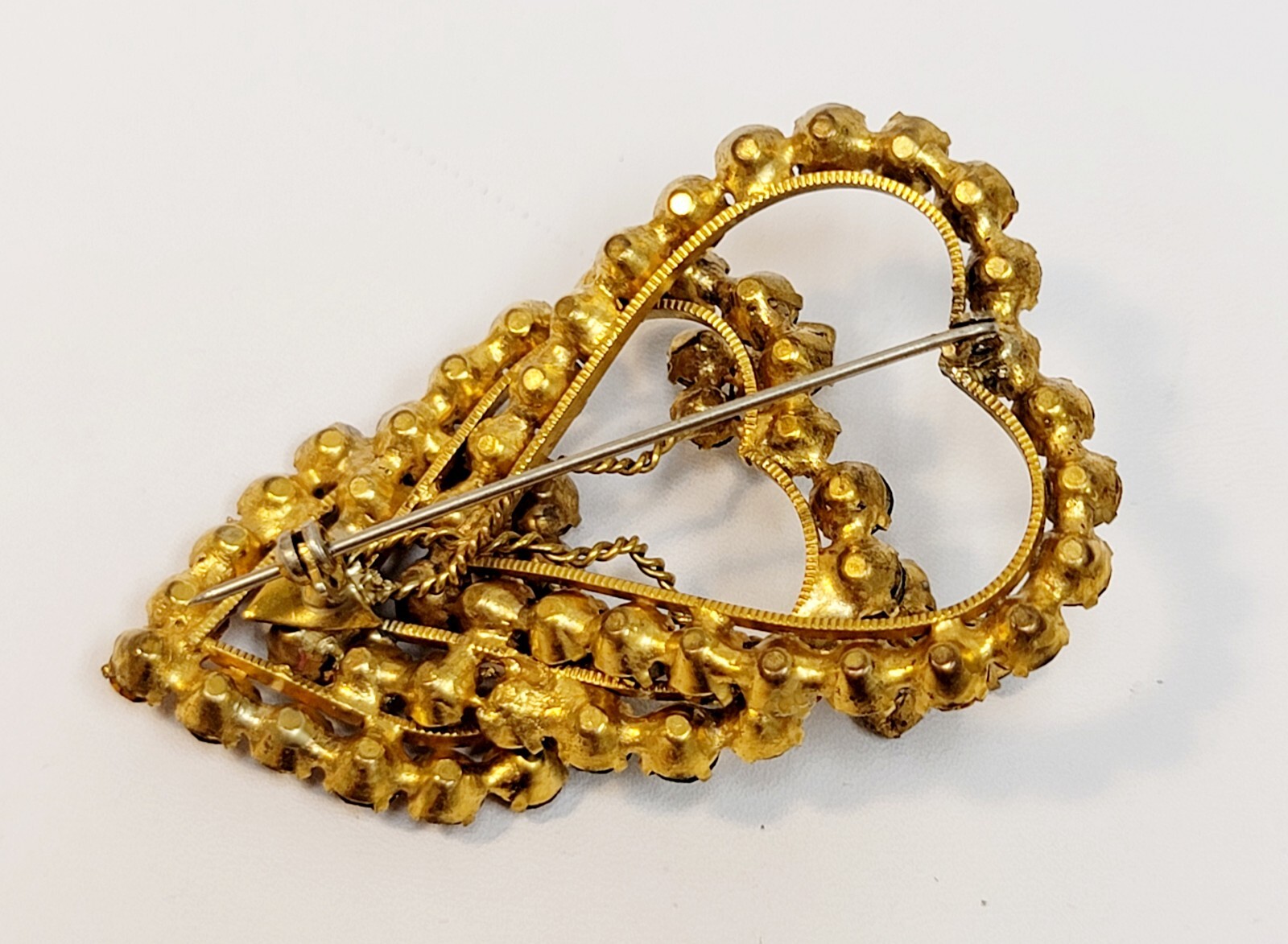 Vintage Original By Robert Fashioncraft 3 Hearts Brooch Green Yellow Rhinestones
