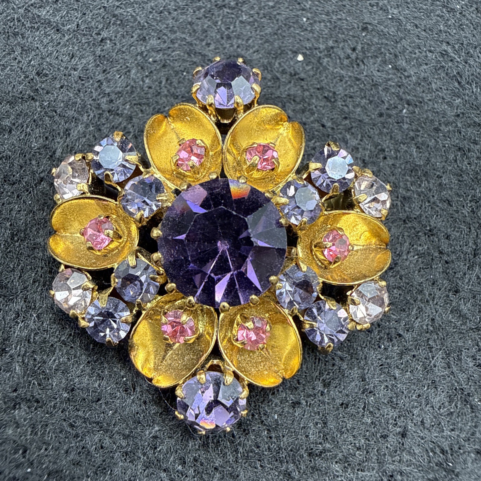 VINTAGE AUSTRIA SIGNED PURPLE AND BLUE RHINESTONE BROOCH
