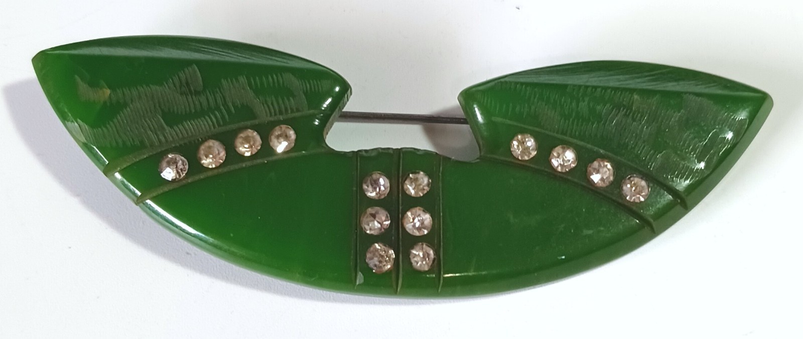 Vintage Art Deco Dark Green Bakelite Brooch w/ White Rhinestone Lines
