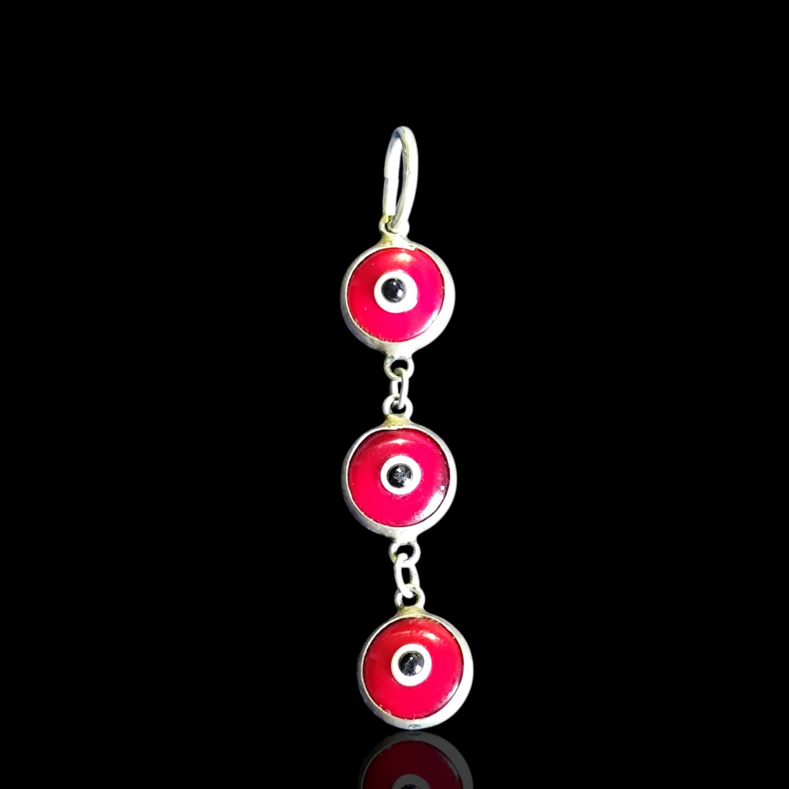 Vtg Sterling Silver Bezel Set Red Art Glass Evil Eye Dangle Drop Pendant Charm