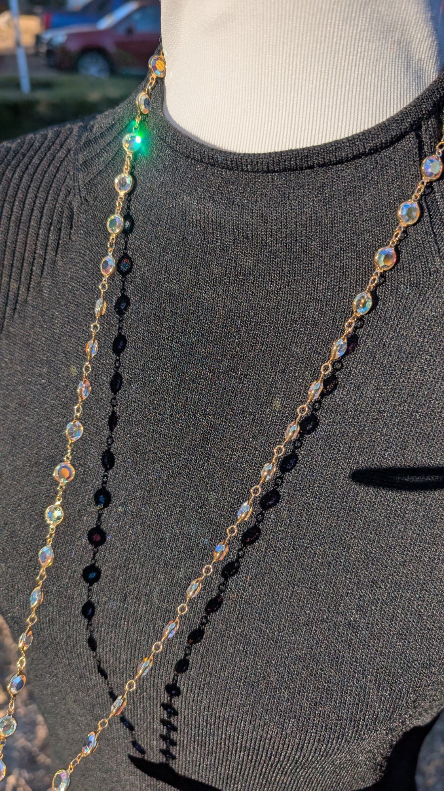 Vintage SWAROVSKI aurora borealis crystal open back bezel set necklace 36″