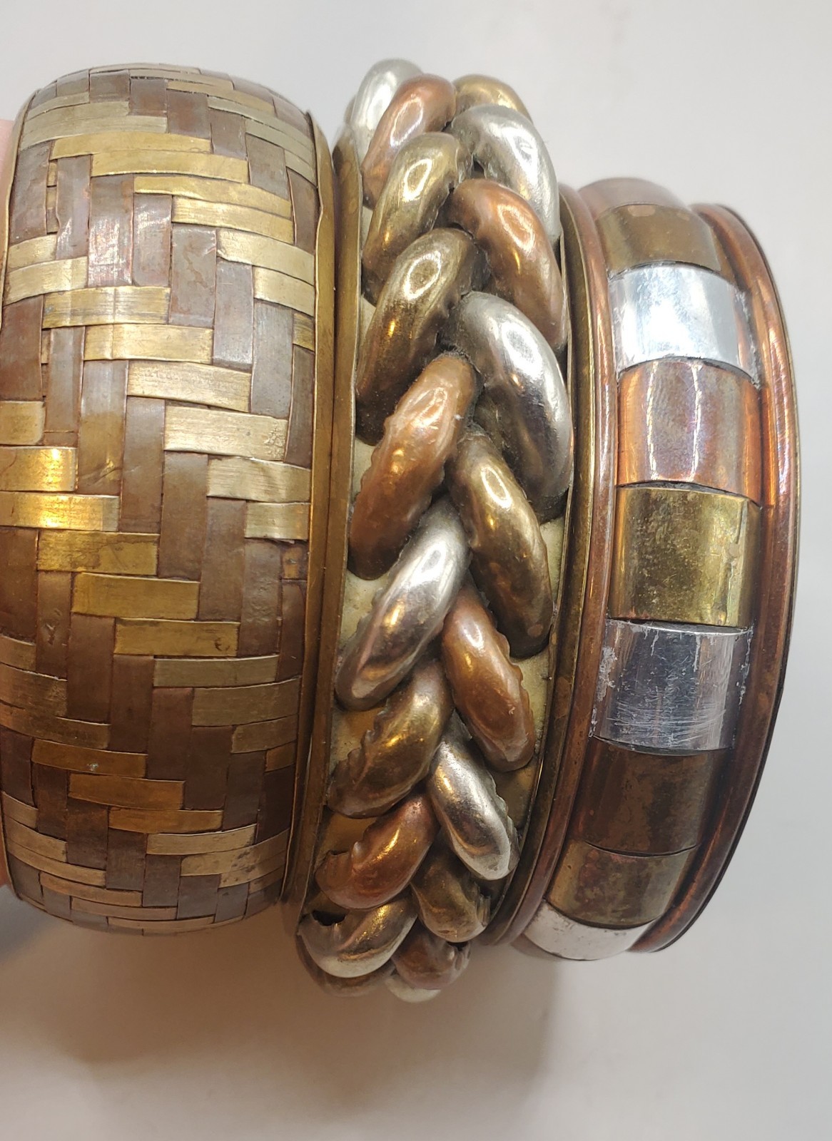 3 Vtg Tri-metal Brass Copper Bangles: Basket Weave, Braided, Rectangle Design