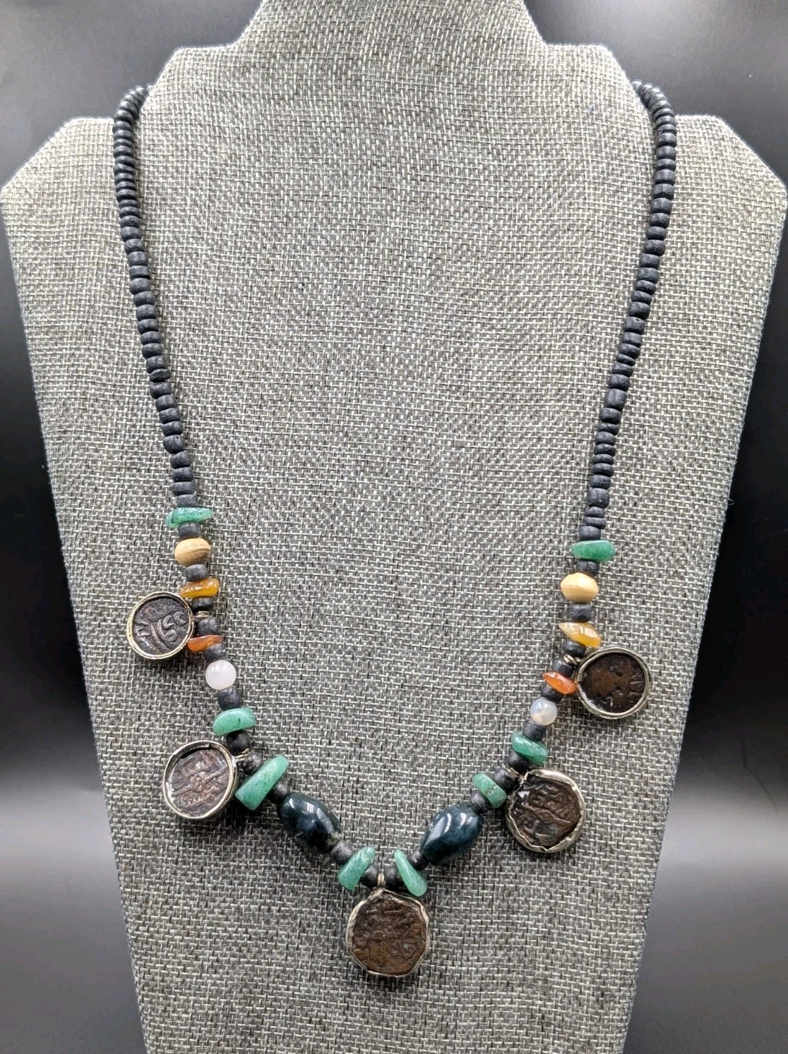 Vtg Ancient Silk Road Islam Mamluk Coin Stone Beads Sterling 925 Clasp Necklace