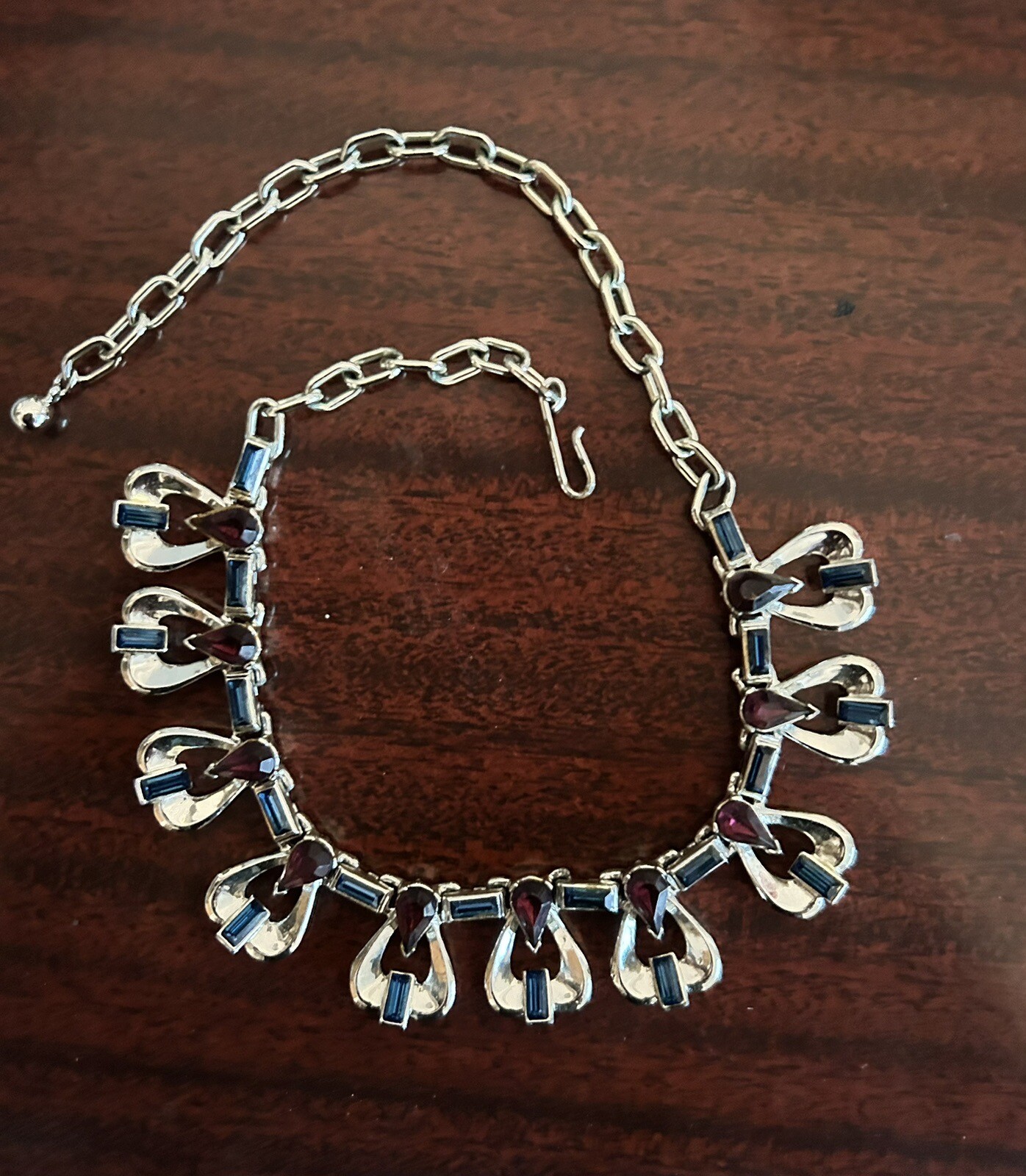 Vintage Costume Necklace Silver-tone with Blue and Purple Adjustable Hook