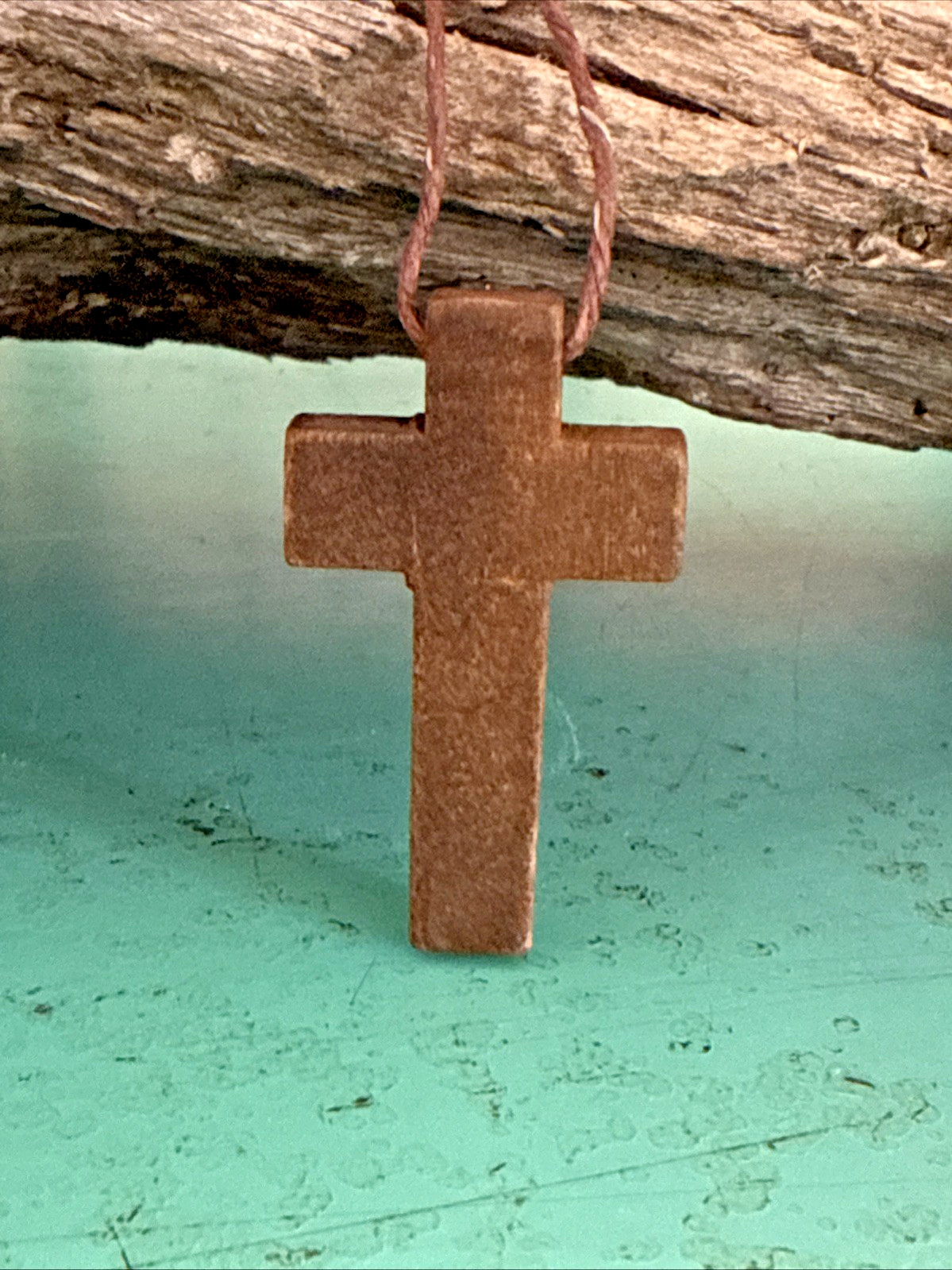 Vintage 80s Cross INRI Necklace Pendant Rosary OLIVE WOOD Hemp Cord COLLECTIBLE