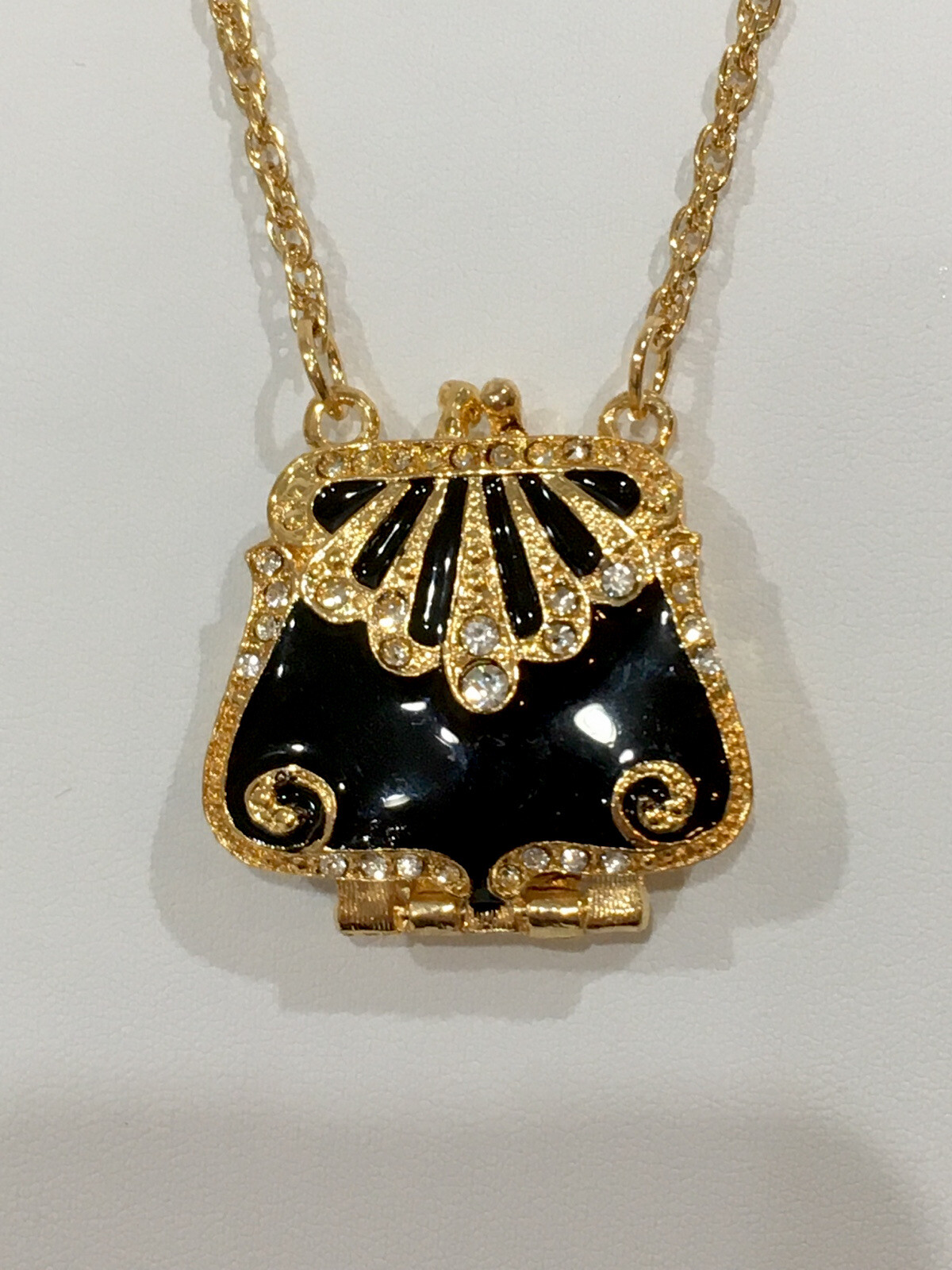 Vintage Black Enamel Crystal Purse Locket Necklace 32” Pendant New Gold Plated