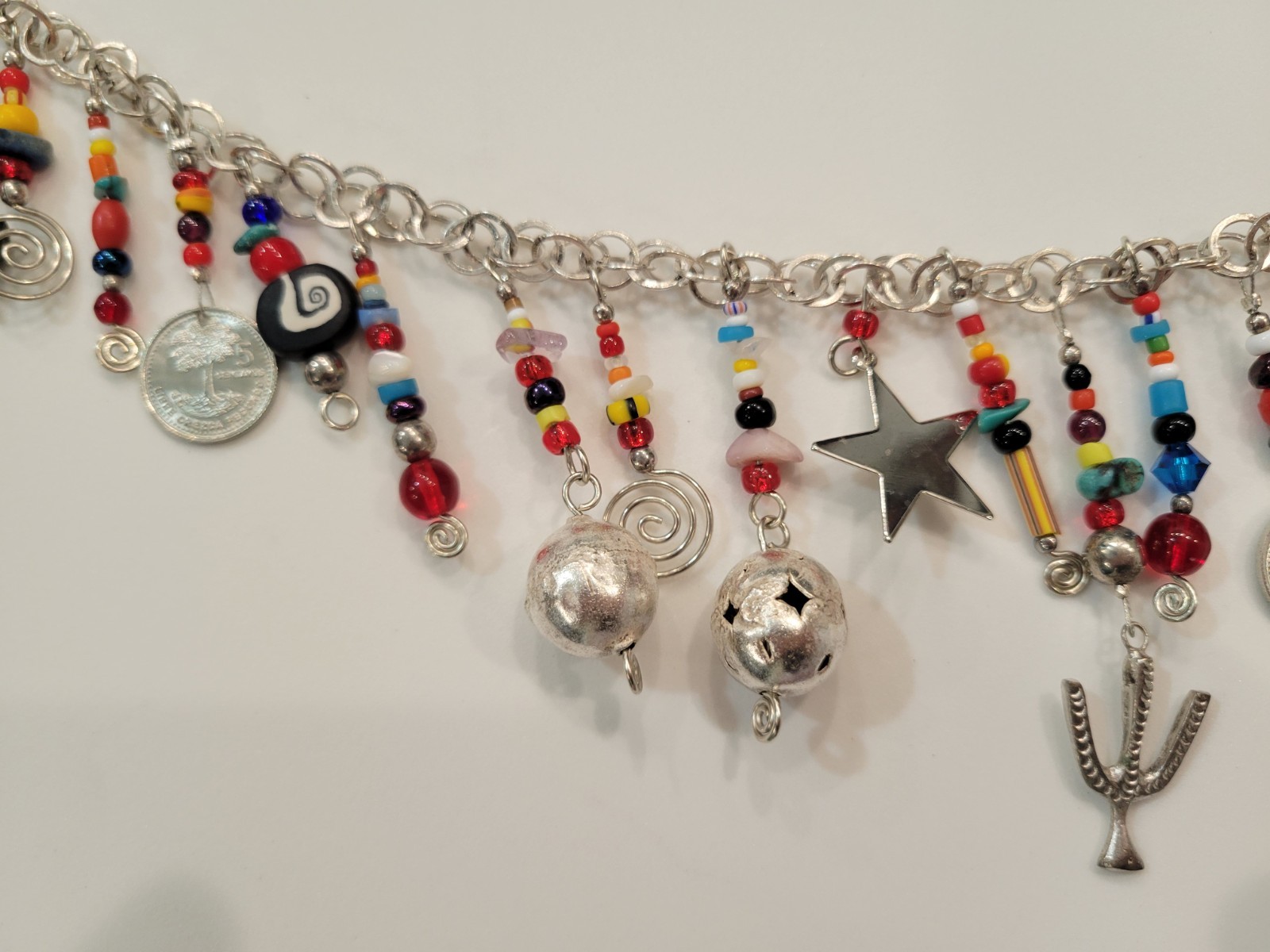 Vintage Multi-stone Tribal Guatemala Coin Charm Beaded Strand Silver Toned Boho