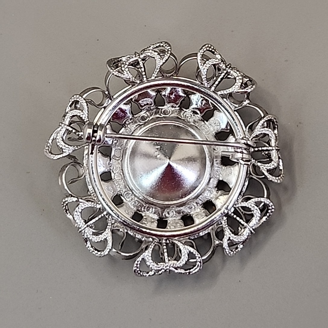 Vintage Rivoli Rhinestone Brooch Round Clear Glass Silver Tone Filigree 1 5/8″