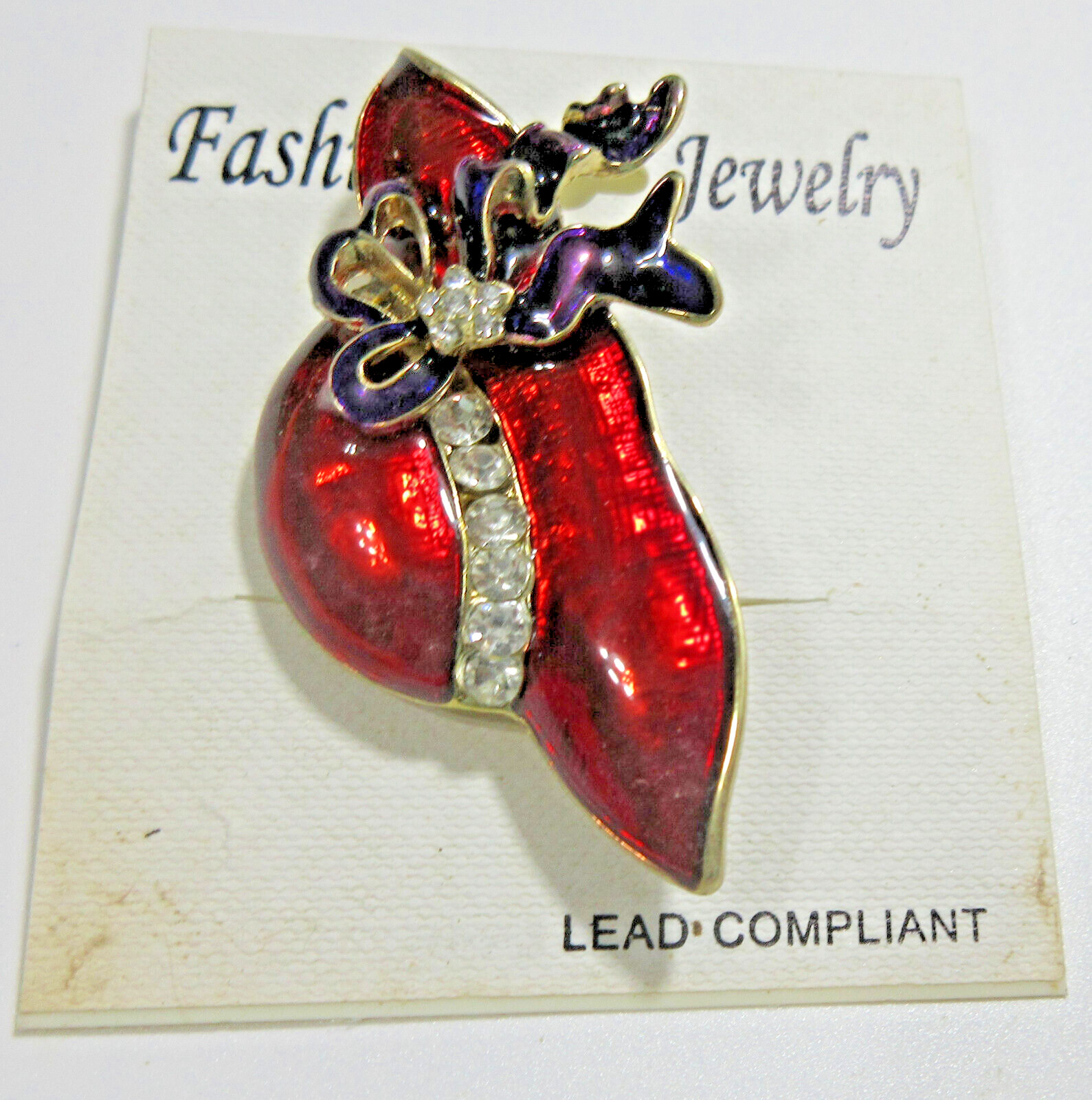 VTG NEW RED PURPLE BOW ENAMEL CLEAR RHINESTONE FLOWER HAT BROOCH PIN gold tone