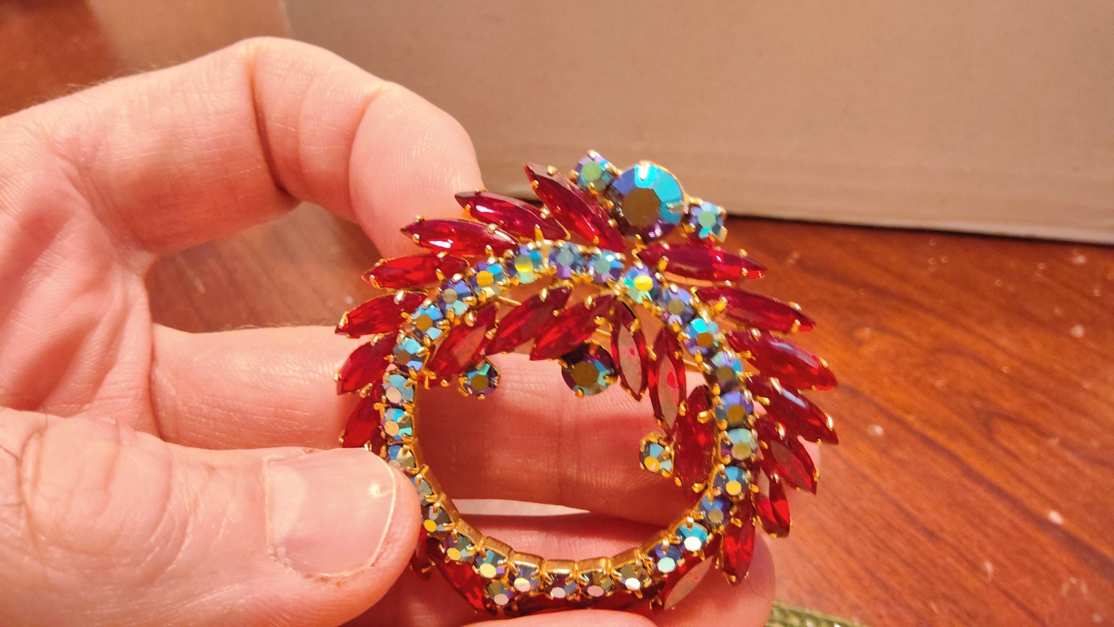 Vintage Red & Iridescent Rhinestone 2 1/4″ Round Brooch