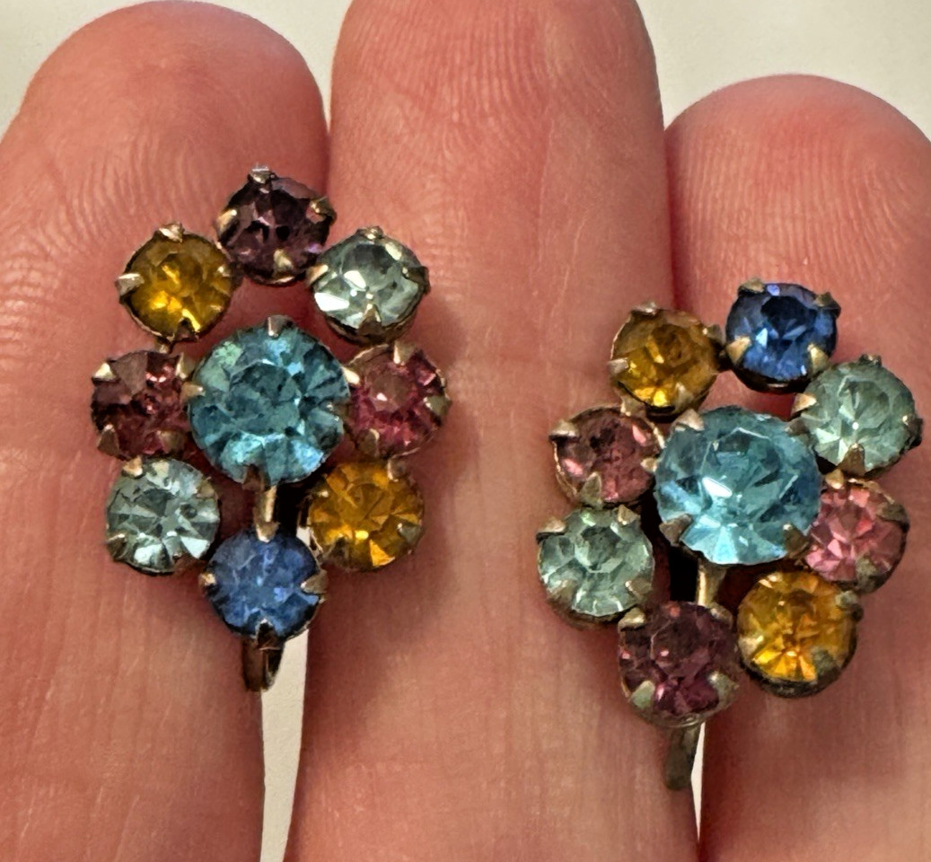 Colorful Vintage Rhinestone Earrings Twist Back Clip On Old Money Quiet Luxury