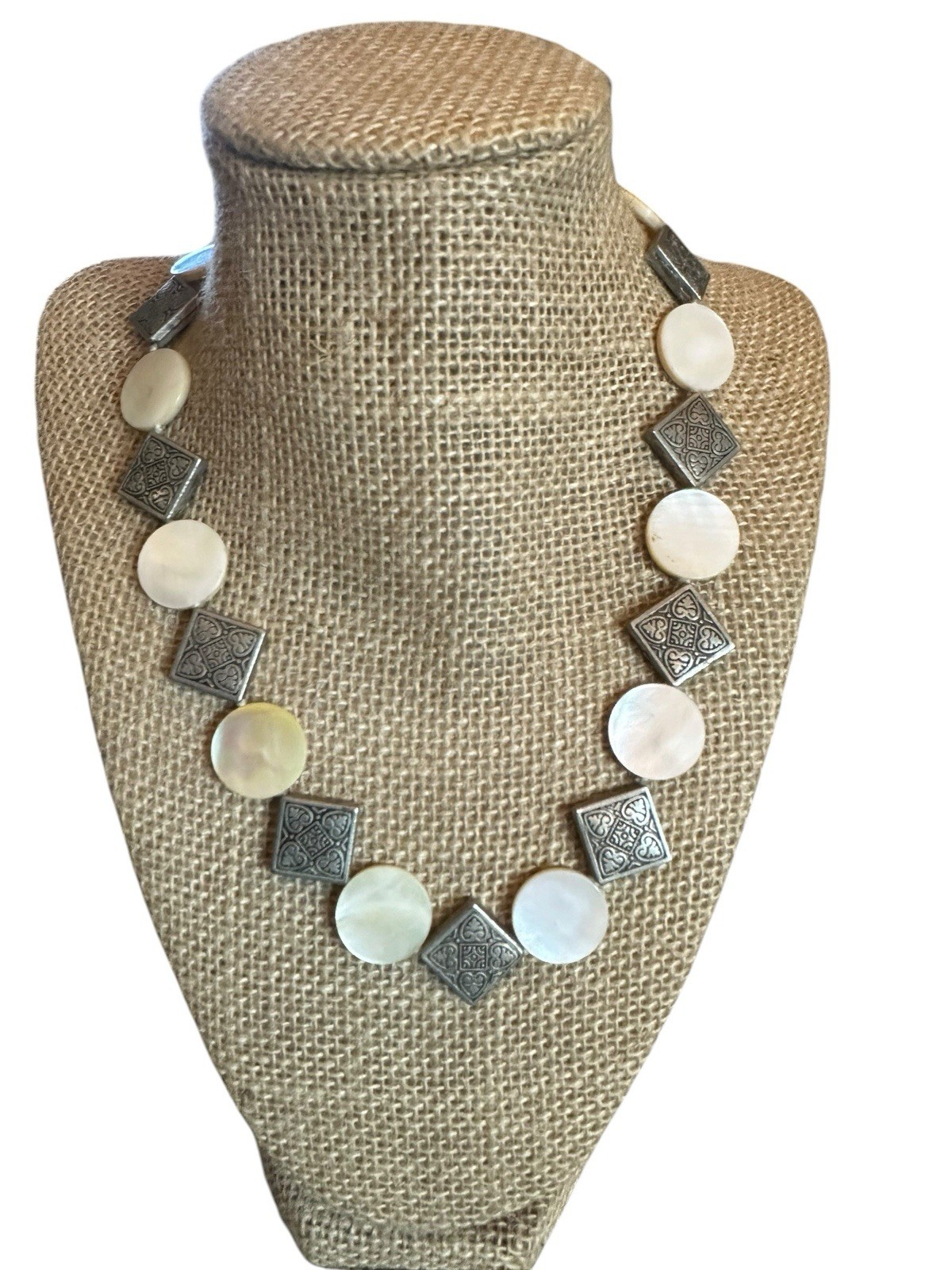 Vintage Mother of Pearl Beaded Disc Necklace With Metal Filigree Disk 18” Heavy