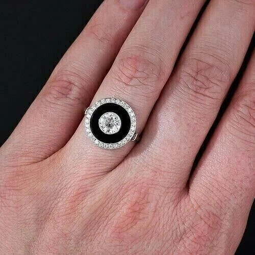 2.59Ct Art Deco Style Lab-Created Diamond & Onyx Engagement 925 Silver Ring