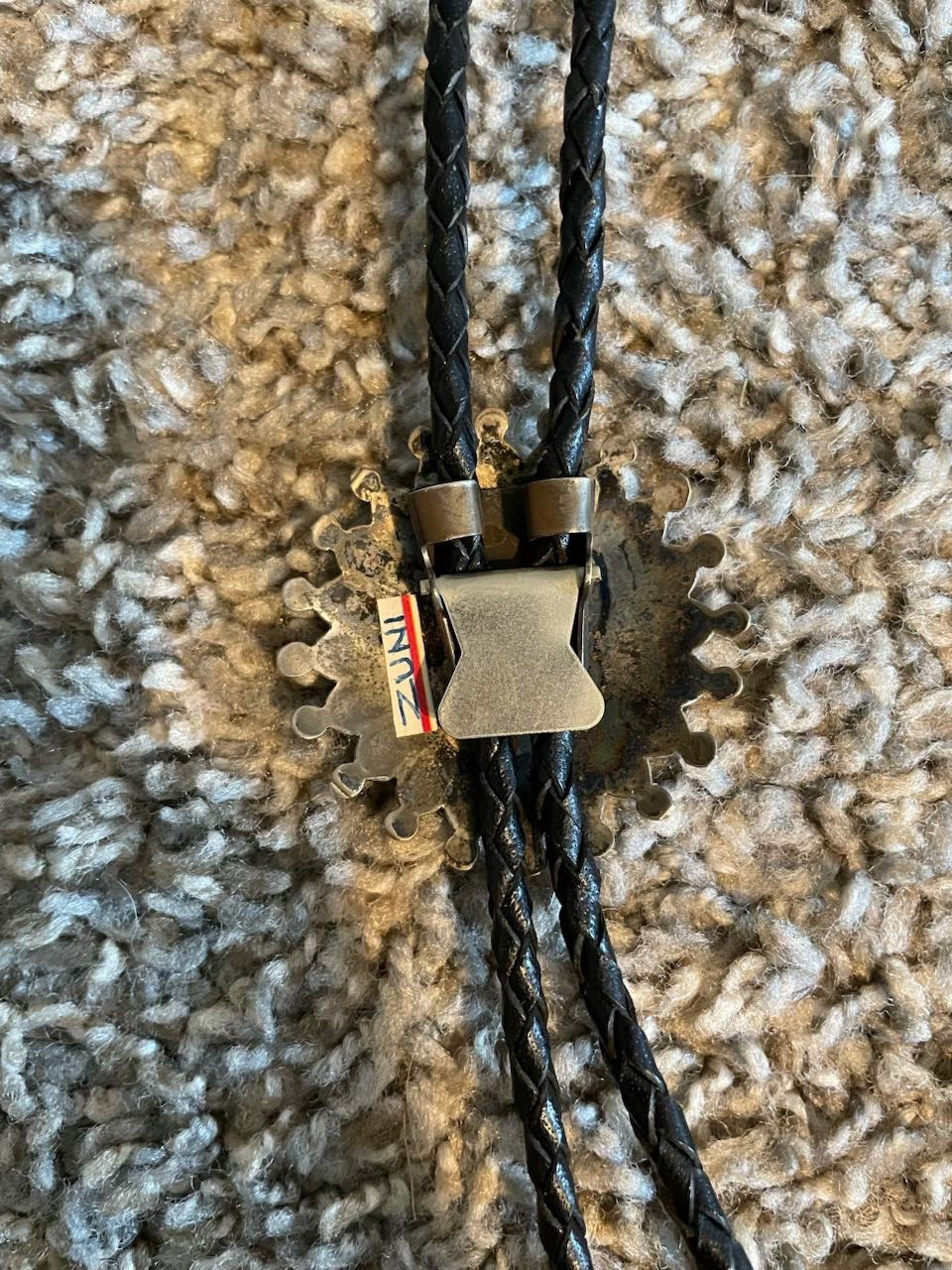 Zuni sterling silver shell/turquoise sunface bolo tie